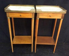 Pair of Slim Lined Marble Brass Wood Nightstand End Tables