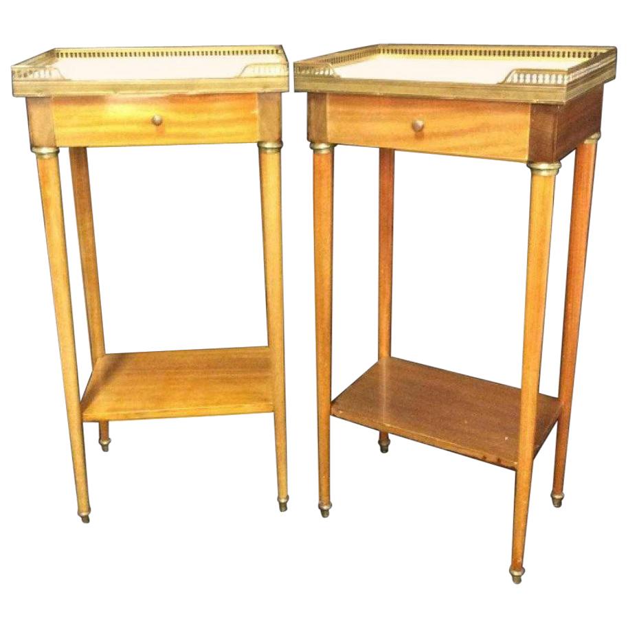 Pair of Slim Lined Marble Brass Wood Nightstand End Tables