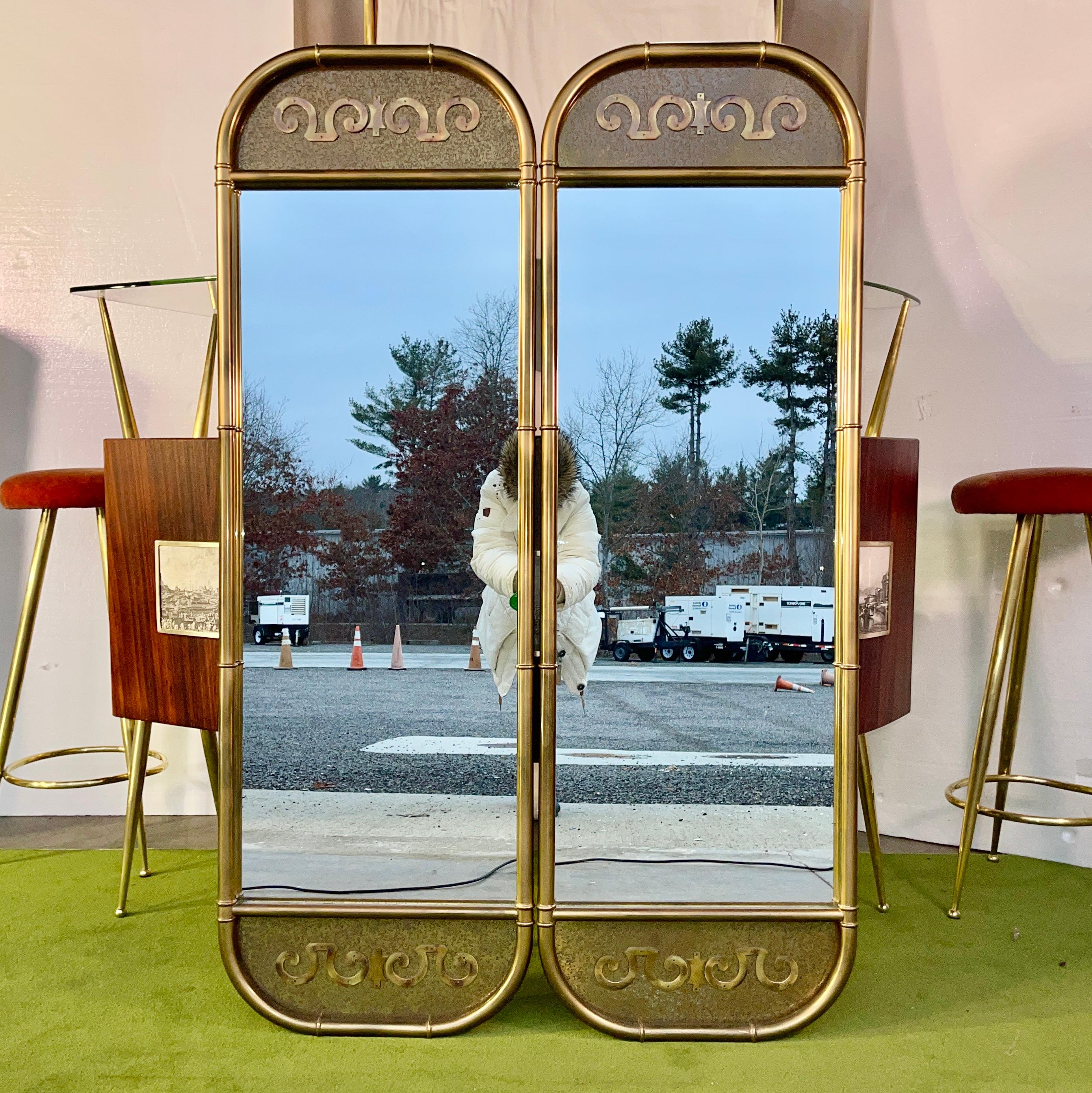 American Pair of Slim Mastercraft Brass Wall Mirrors For Sale