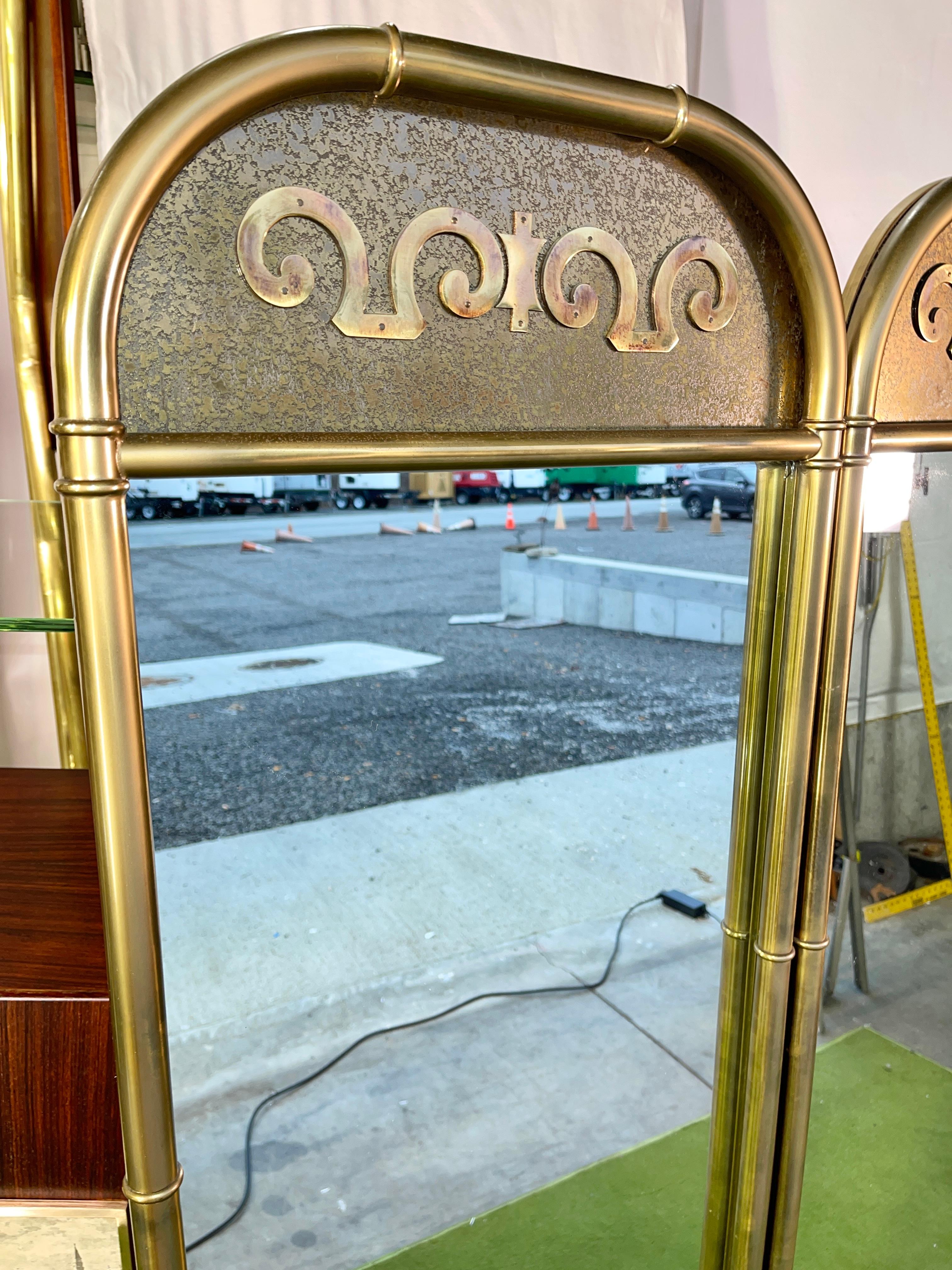 Pair of Slim Mastercraft Brass Wall Mirrors In Good Condition For Sale In Hanover, MA