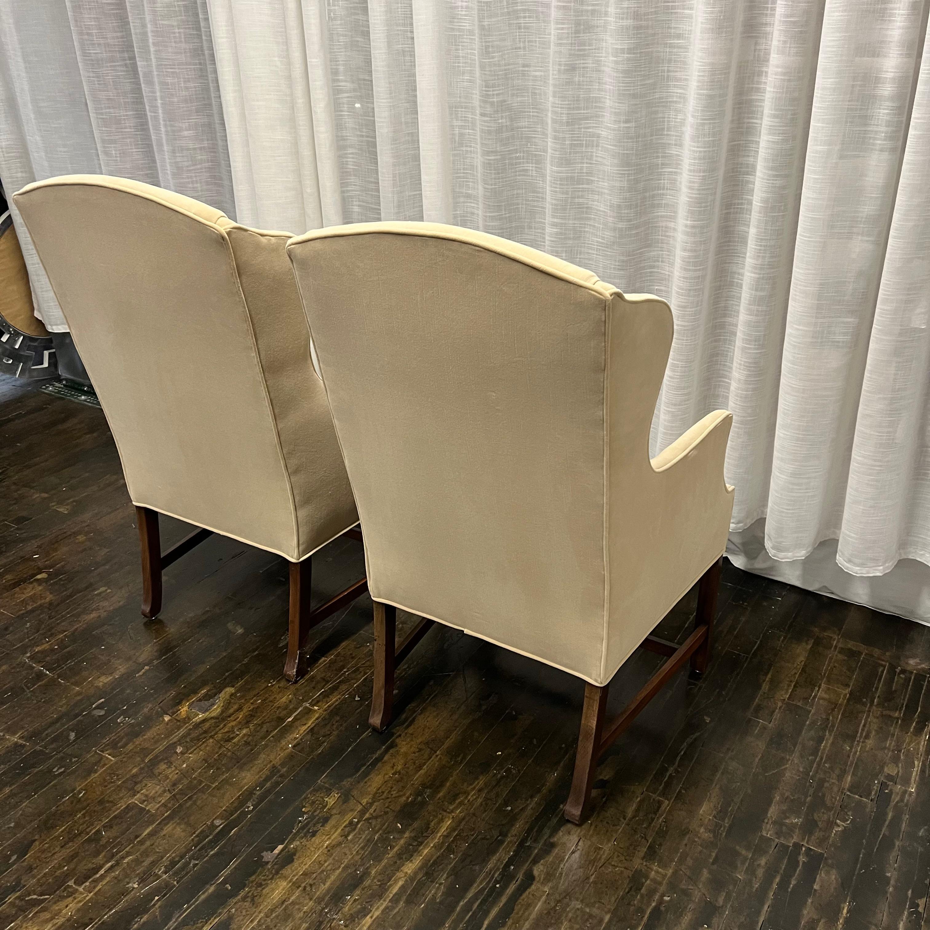 Pair of Slim Midcentury Chippendale Style Wingback Chairs In Good Condition For Sale In Chicago, IL