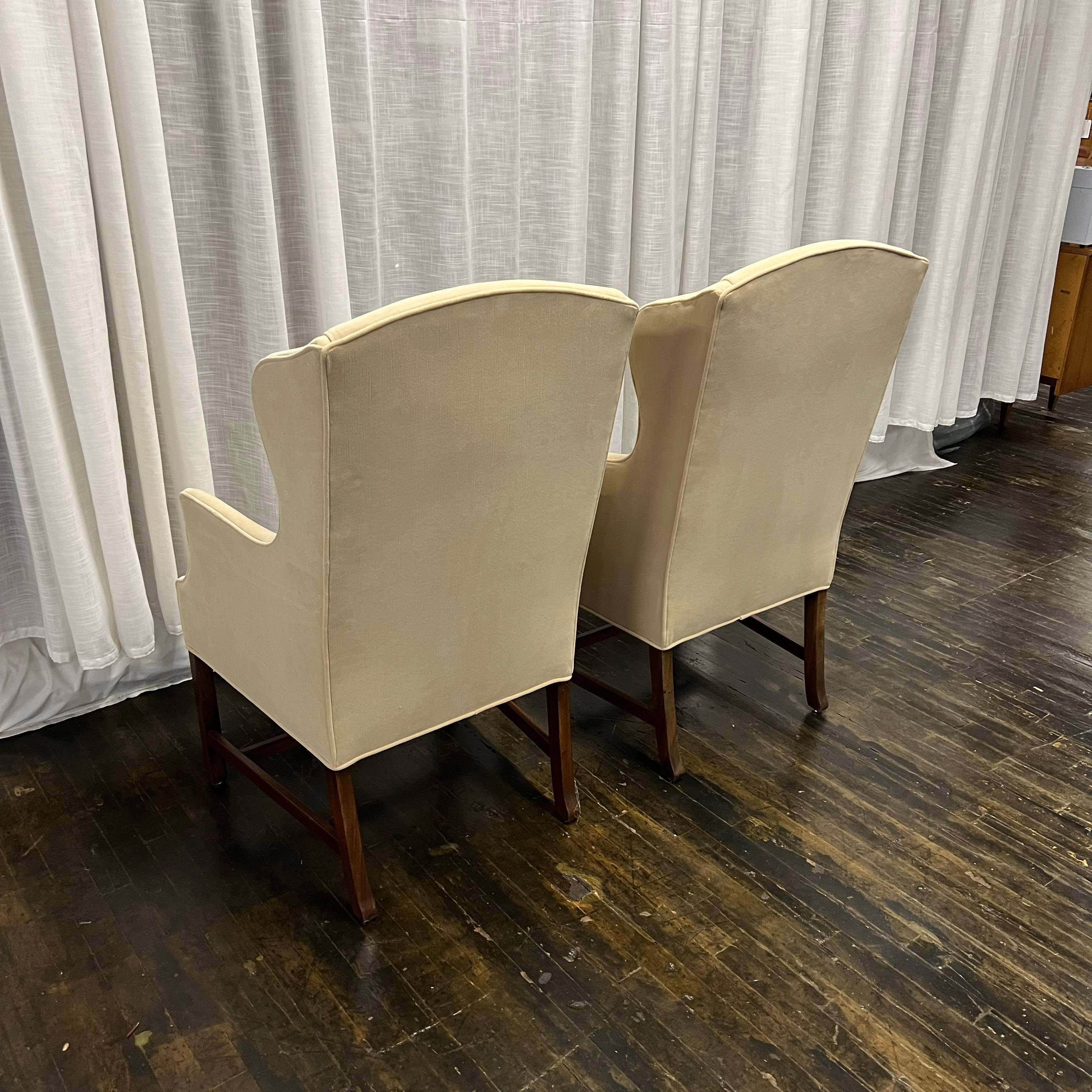 20th Century Pair of Slim Midcentury Chippendale Style Wingback Chairs For Sale