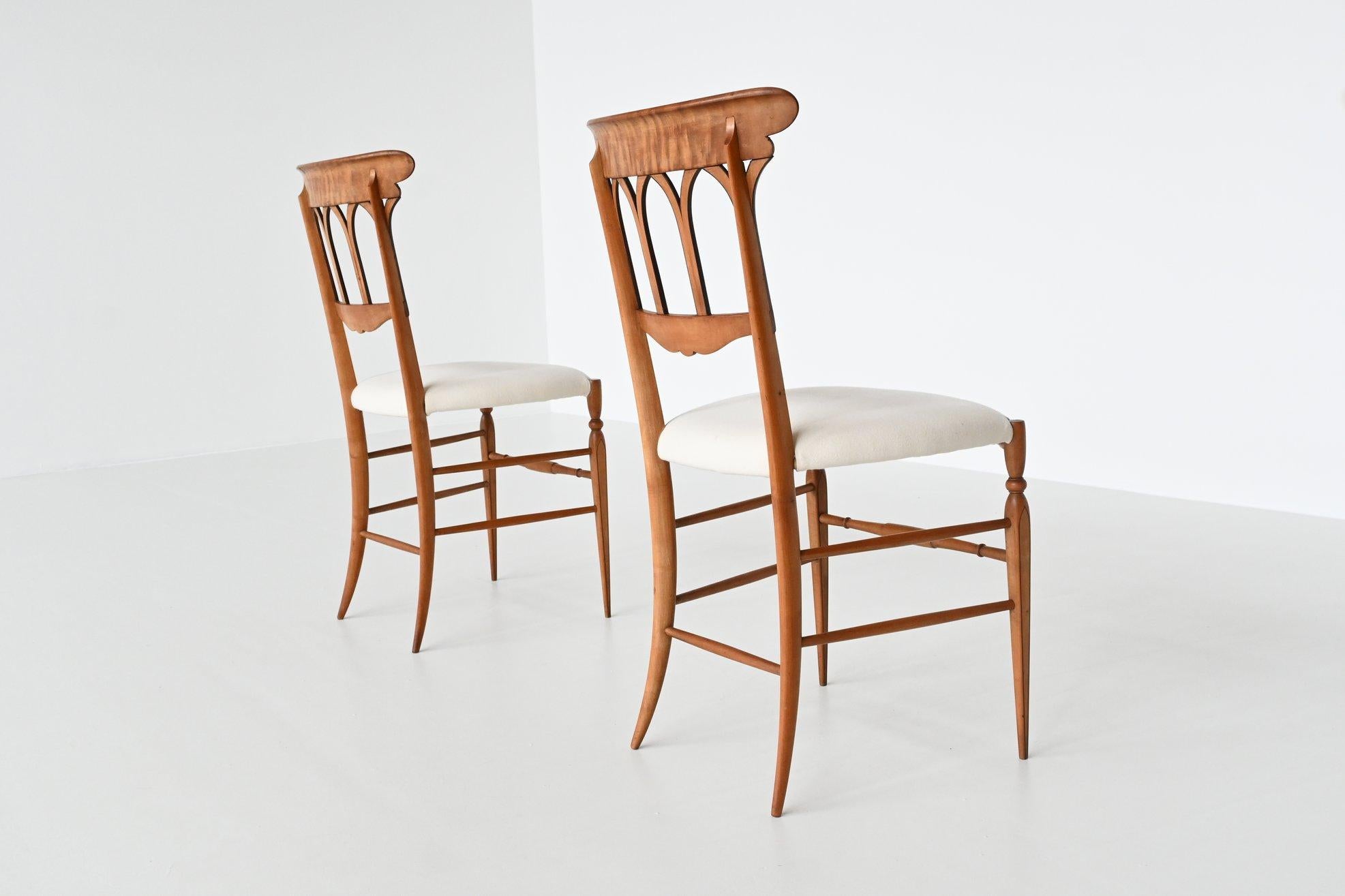 Fabric Pair of Slim Shaped Chiavari Side Chairs, Italy, 1950