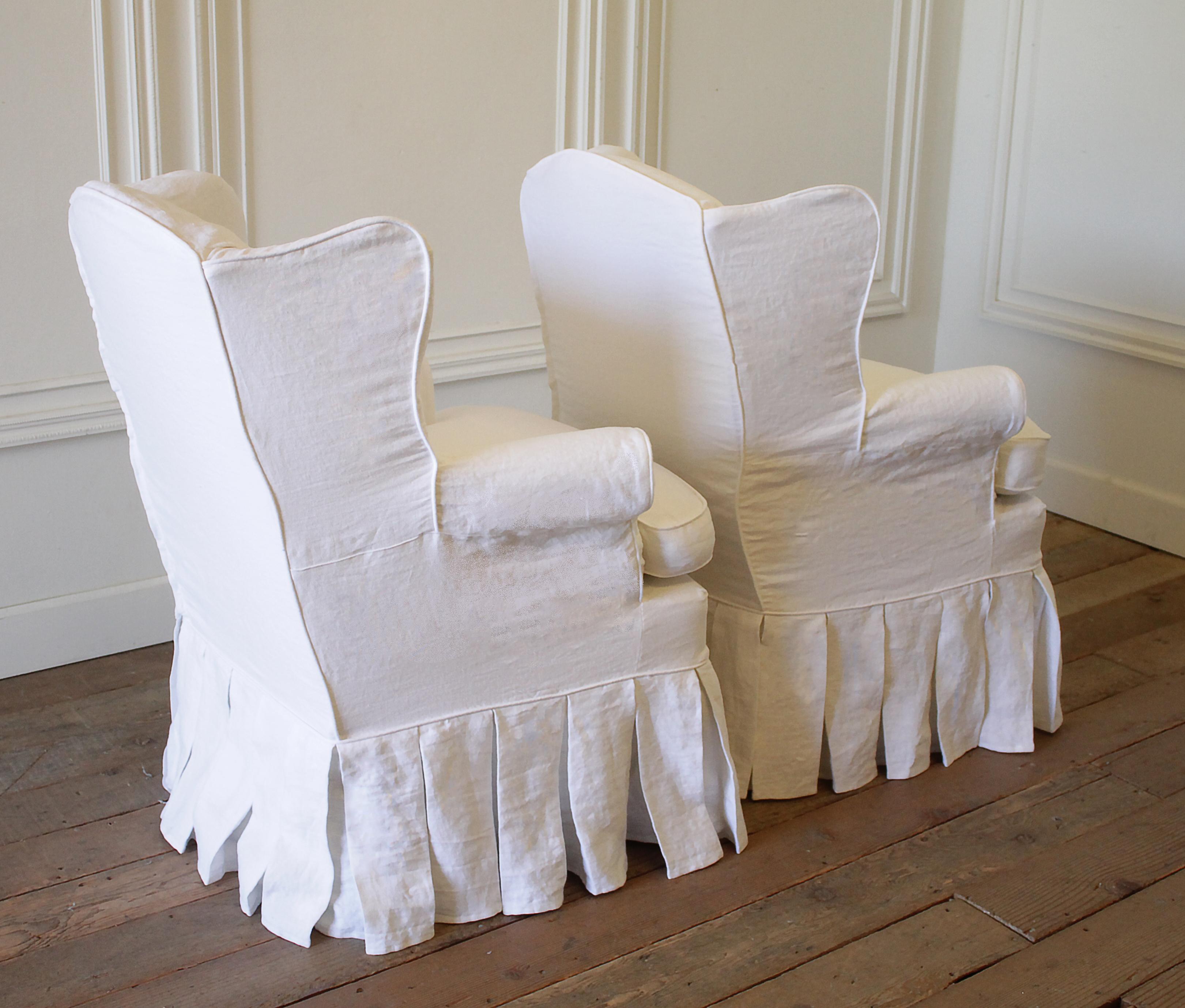 Pair of Slip Covered Linen Wing Chairs with Ruffle Skirt 2