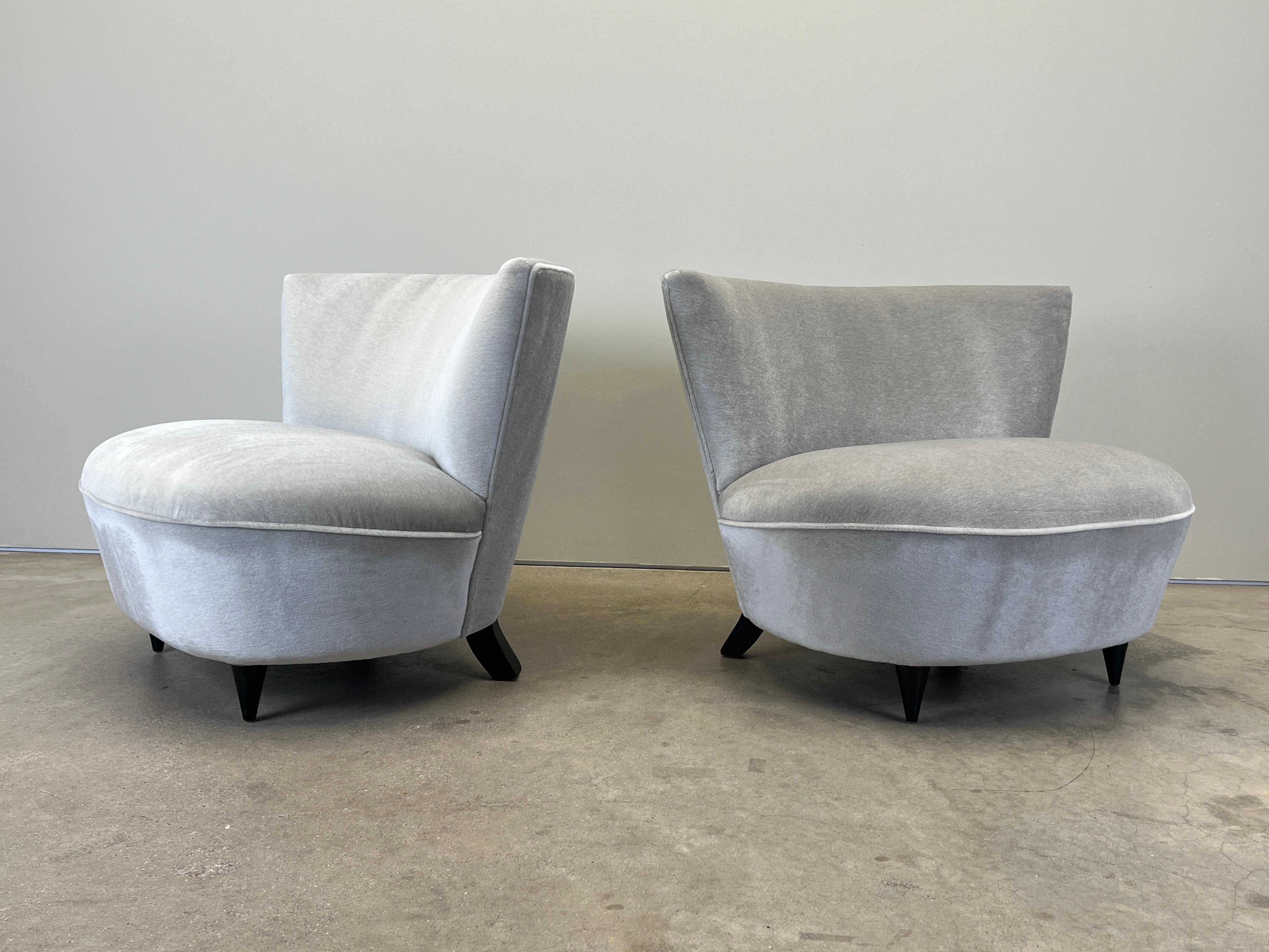 A pair of slipper chairs attributed to Gilbert Rohde for Herman Miller. Reupholstered in mohair. 