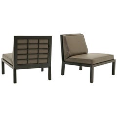 Pair of Slipper Chairs by Baker, Original Leather with Ebony Wood Frame Back