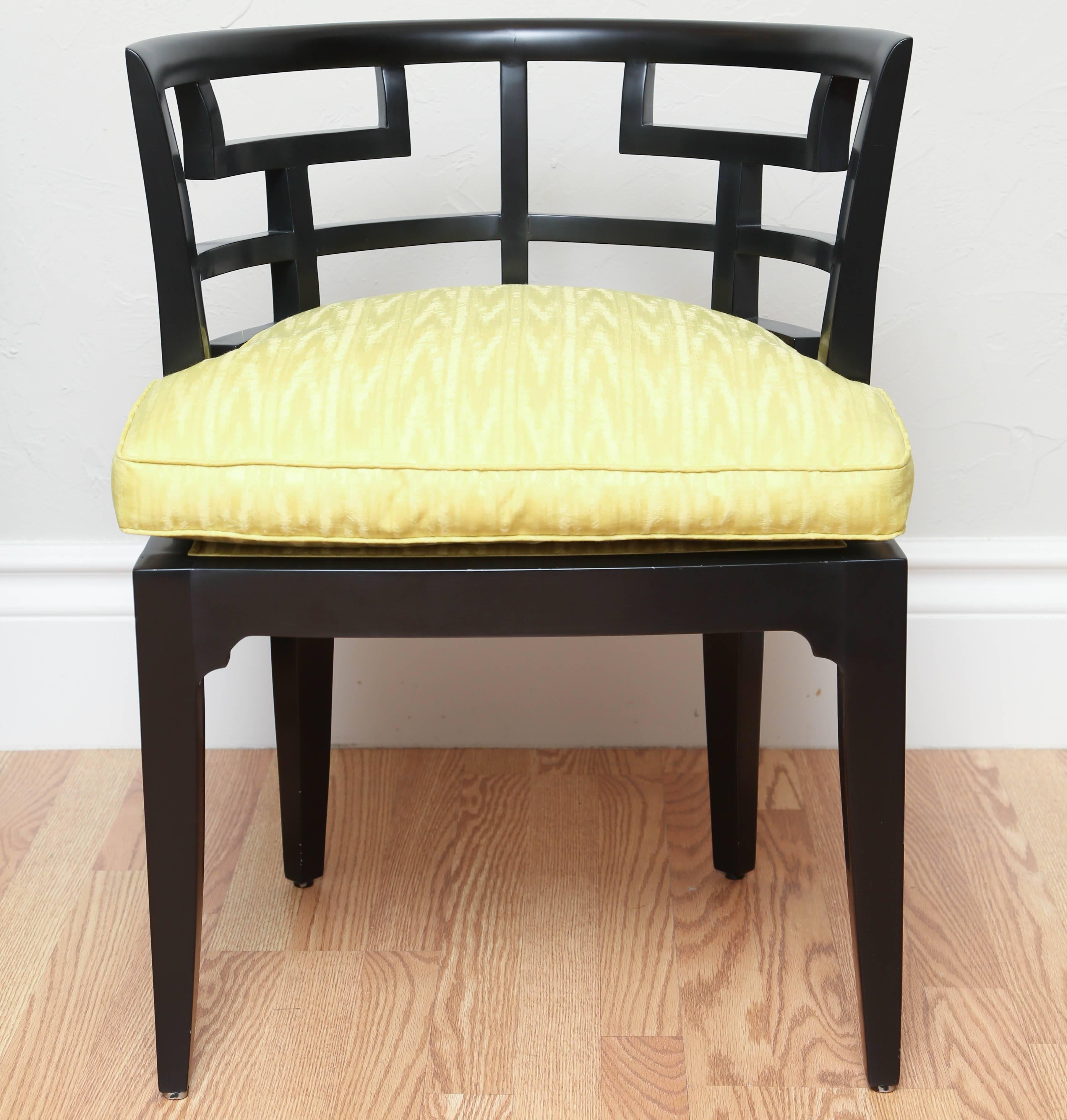 Pair of black lacquered slipper chairs by Edward Ferrell for Lewis Mittman. Cushion and decking in a chartreuse silk fabric.