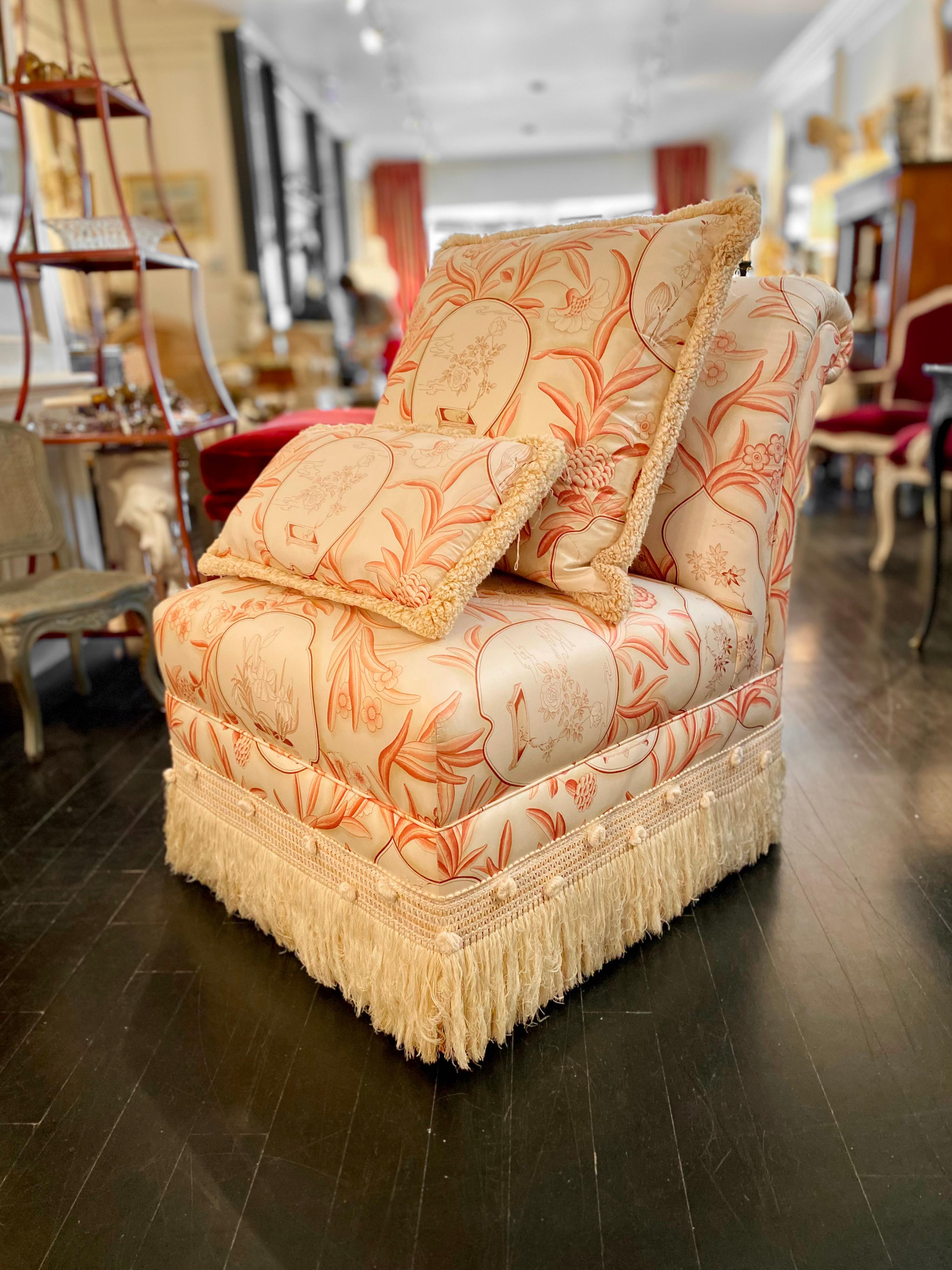 Hollywood Regency Pair of Slipper Chairs, Mid-Century Modern, Upholstered Toile Chinoiserie Motif