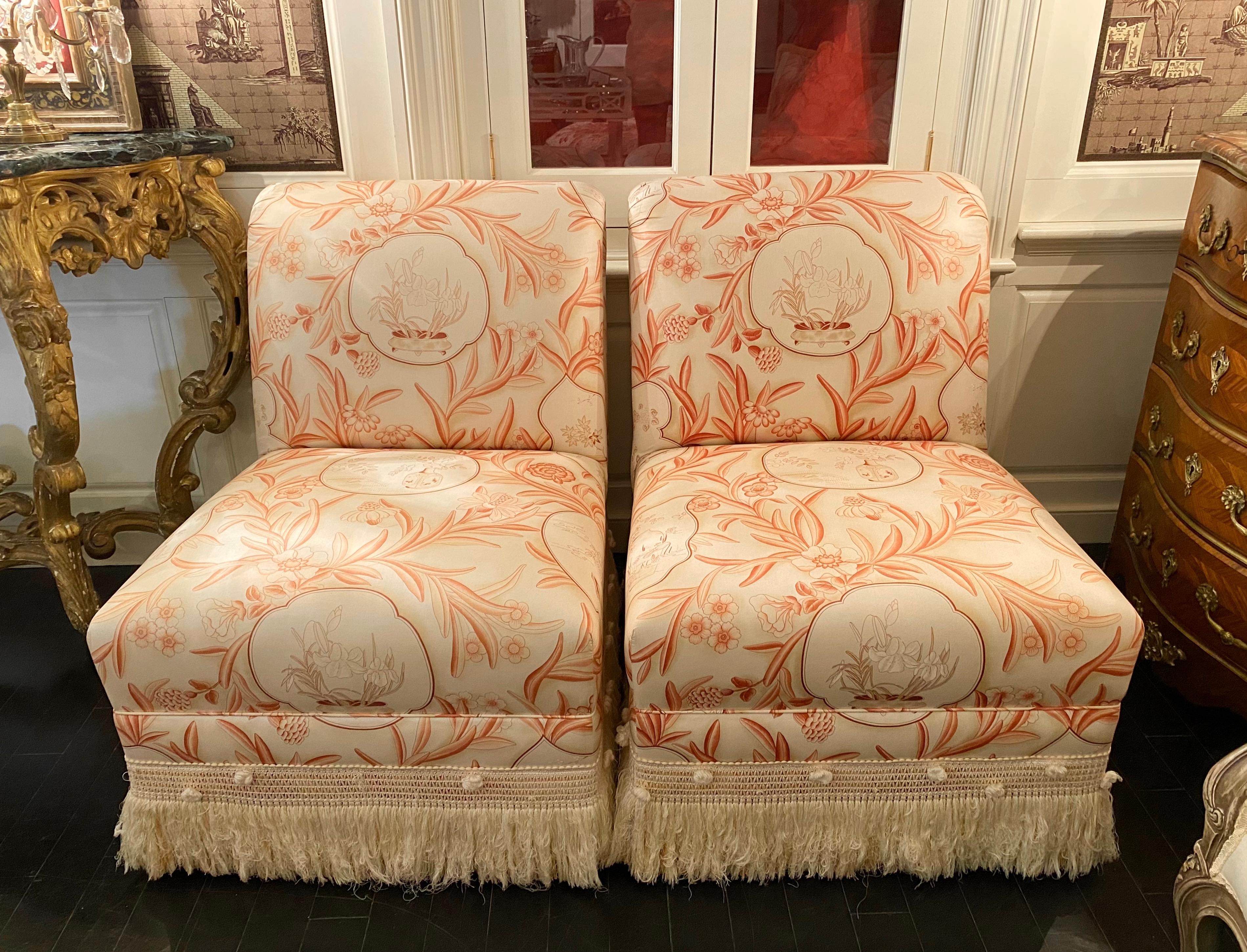 20th Century Pair of Slipper Chairs, Mid-Century Modern, Upholstered Toile Chinoiserie Motif