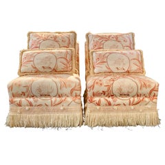 Pair of Slipper Chairs, Mid-Century Modern, Upholstered Toile Chinoiserie Motif
