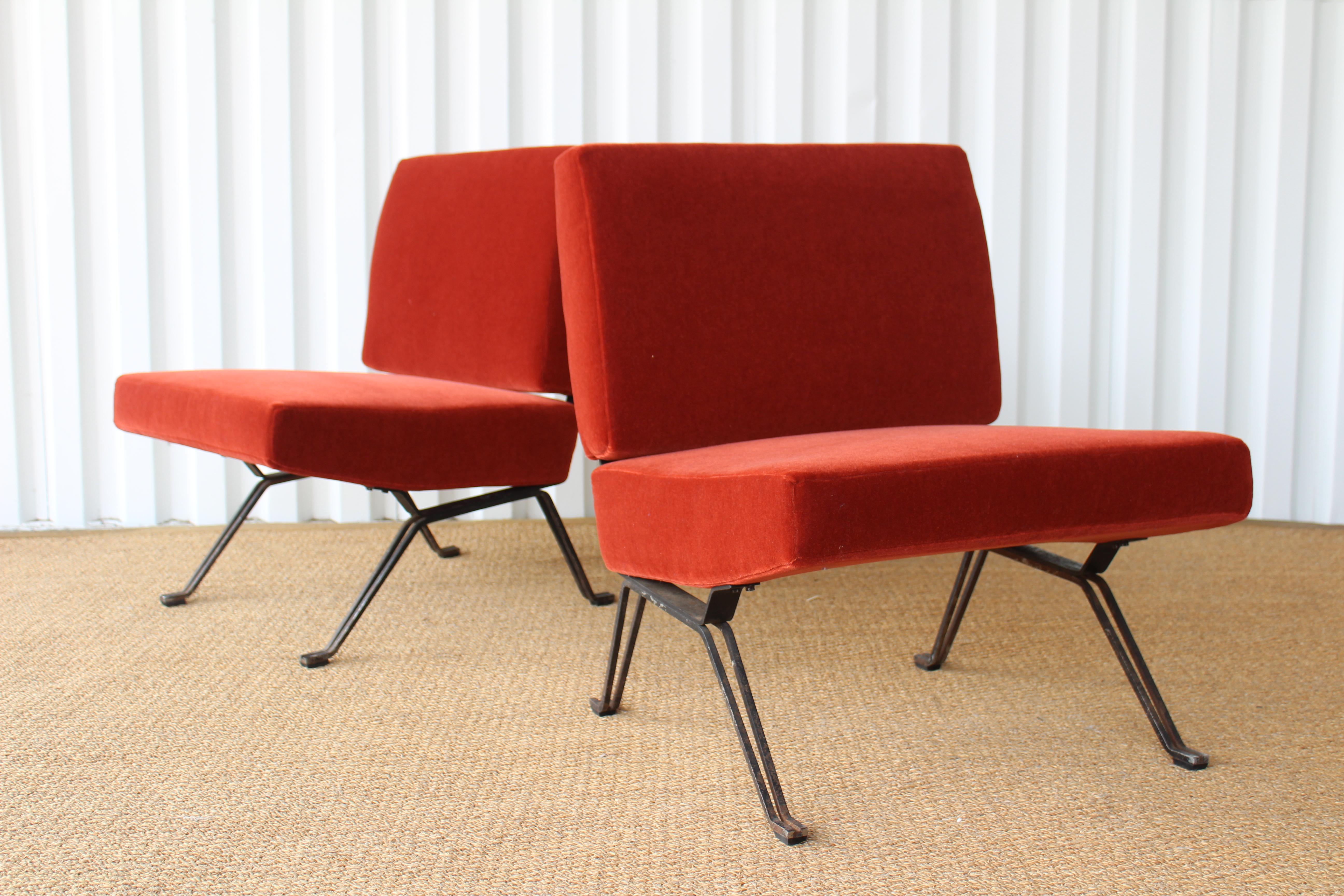 Italian Pair of Lounge Chairs in Mohair on Iron Bases, Italy, 1950s
