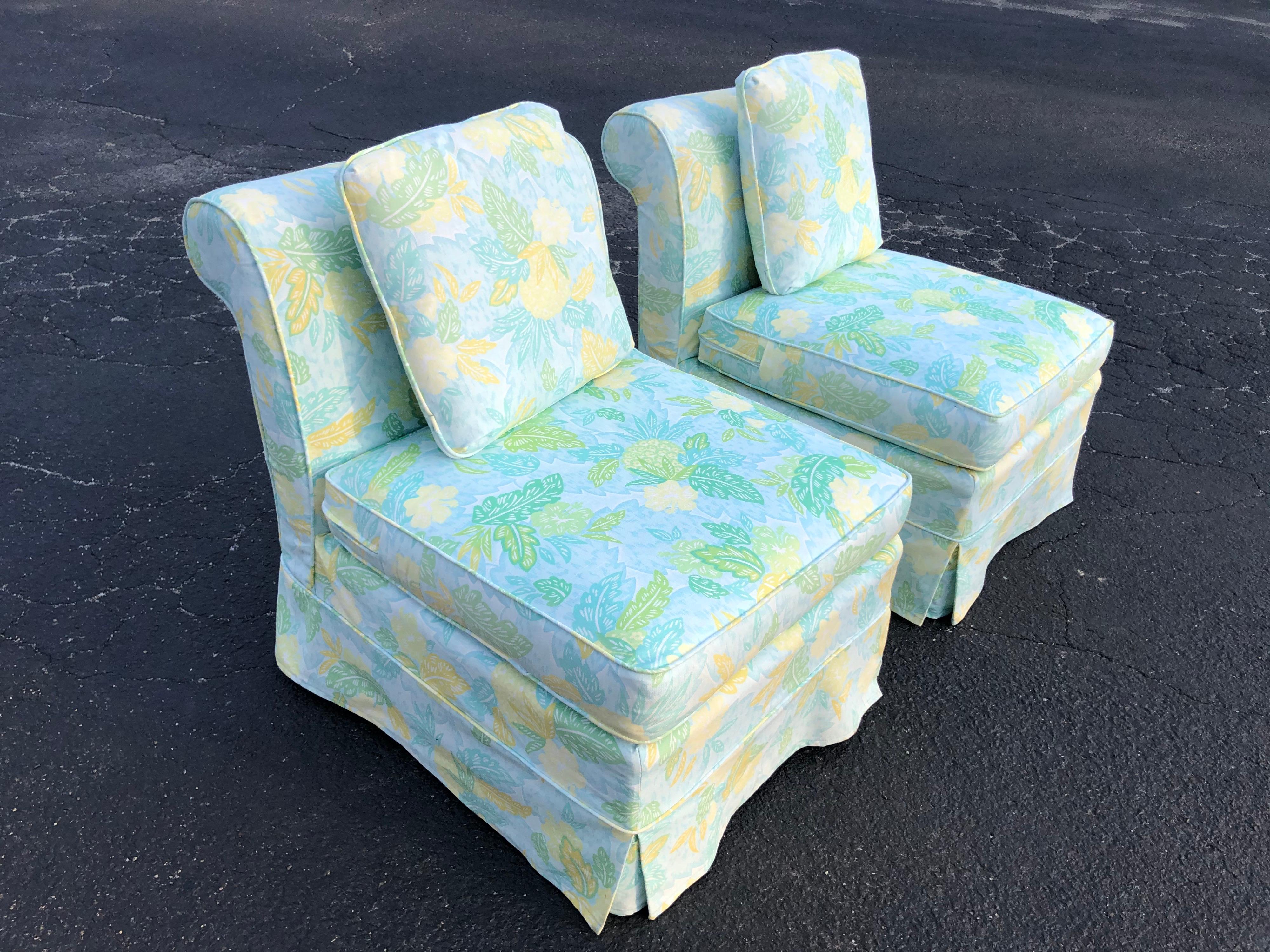 Pair of slipper chairs with cushion. Perfect for a dressing room or bedroom. Slipcovered over an original chintz fabric.
 