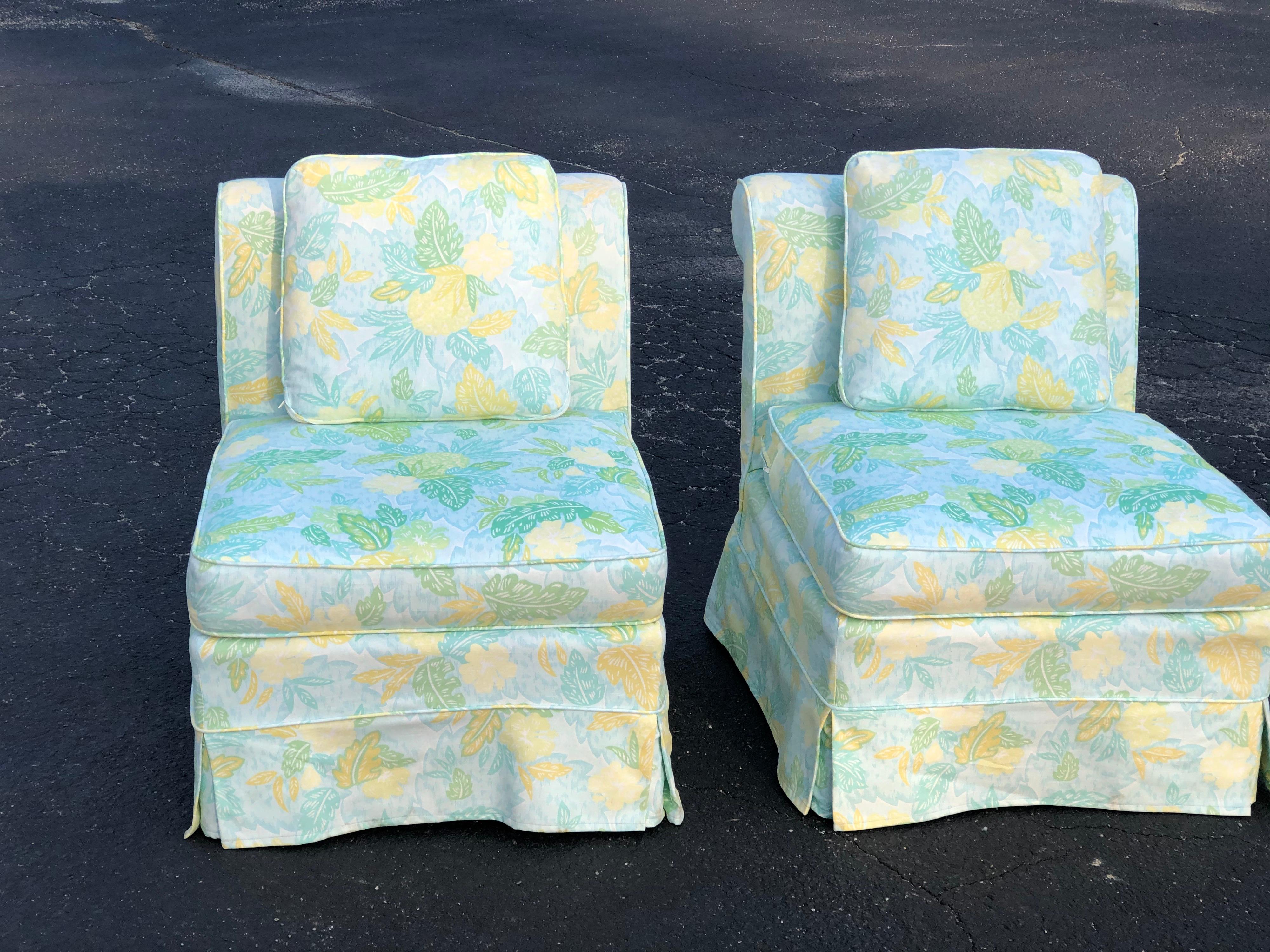 Linen Pair of Slipper Chairs with Cushion