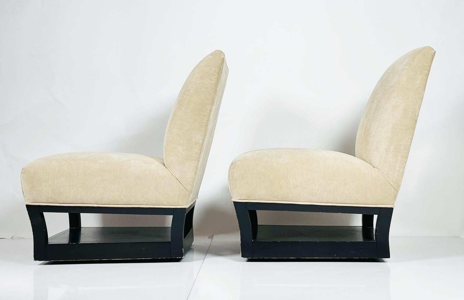 Art Deco Pair of Slipper Chairs with Magazine/Shoe Shelf by John Hutton for Donghia