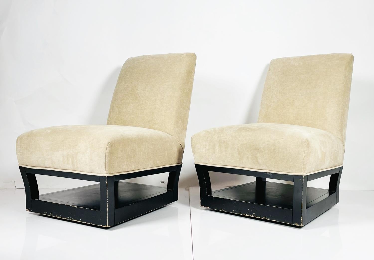 American Pair of Slipper Chairs with Magazine/Shoe Shelf by John Hutton for Donghia