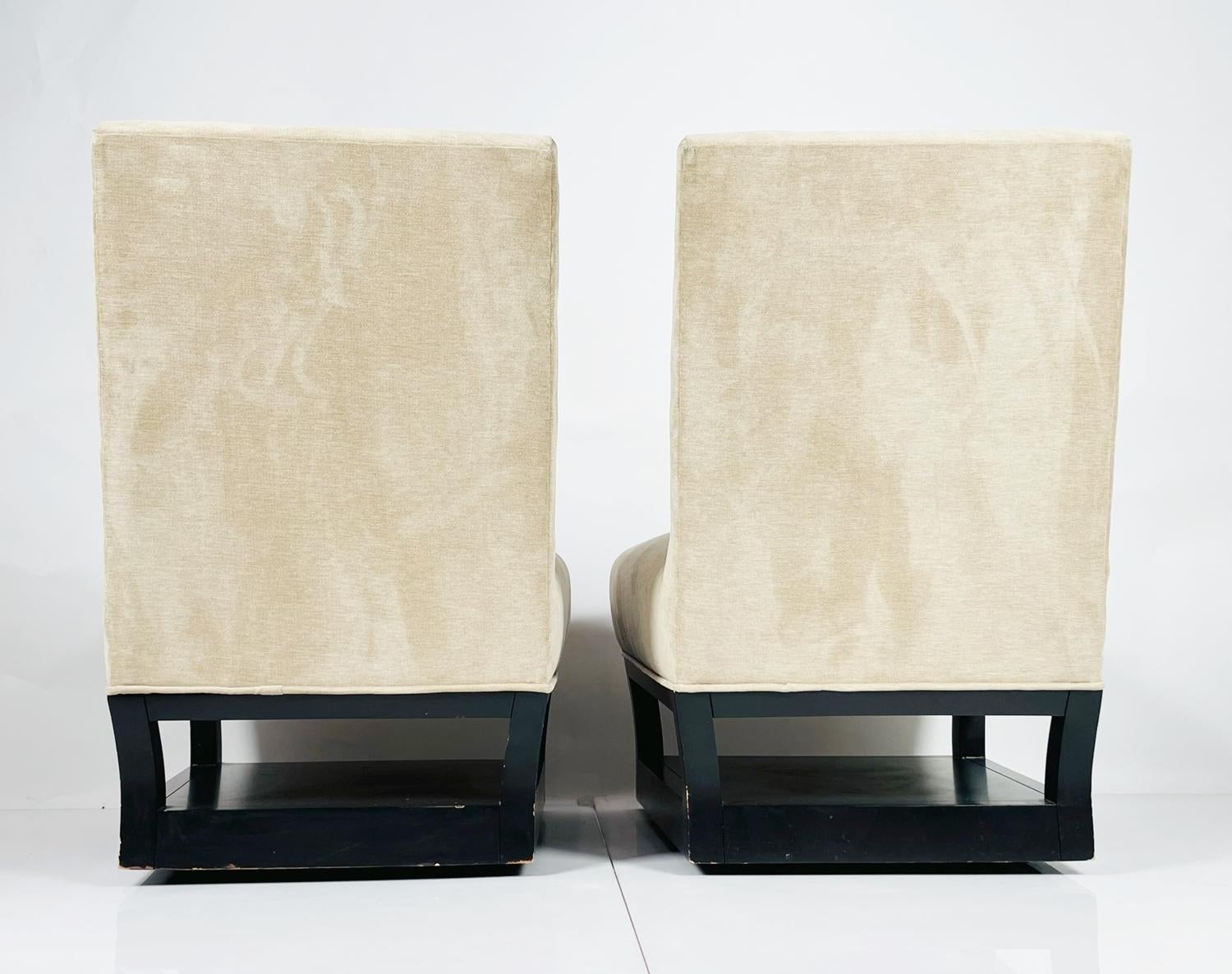 Pair of Slipper Chairs with Magazine/Shoe Shelf by John Hutton for Donghia In Good Condition In Los Angeles, CA