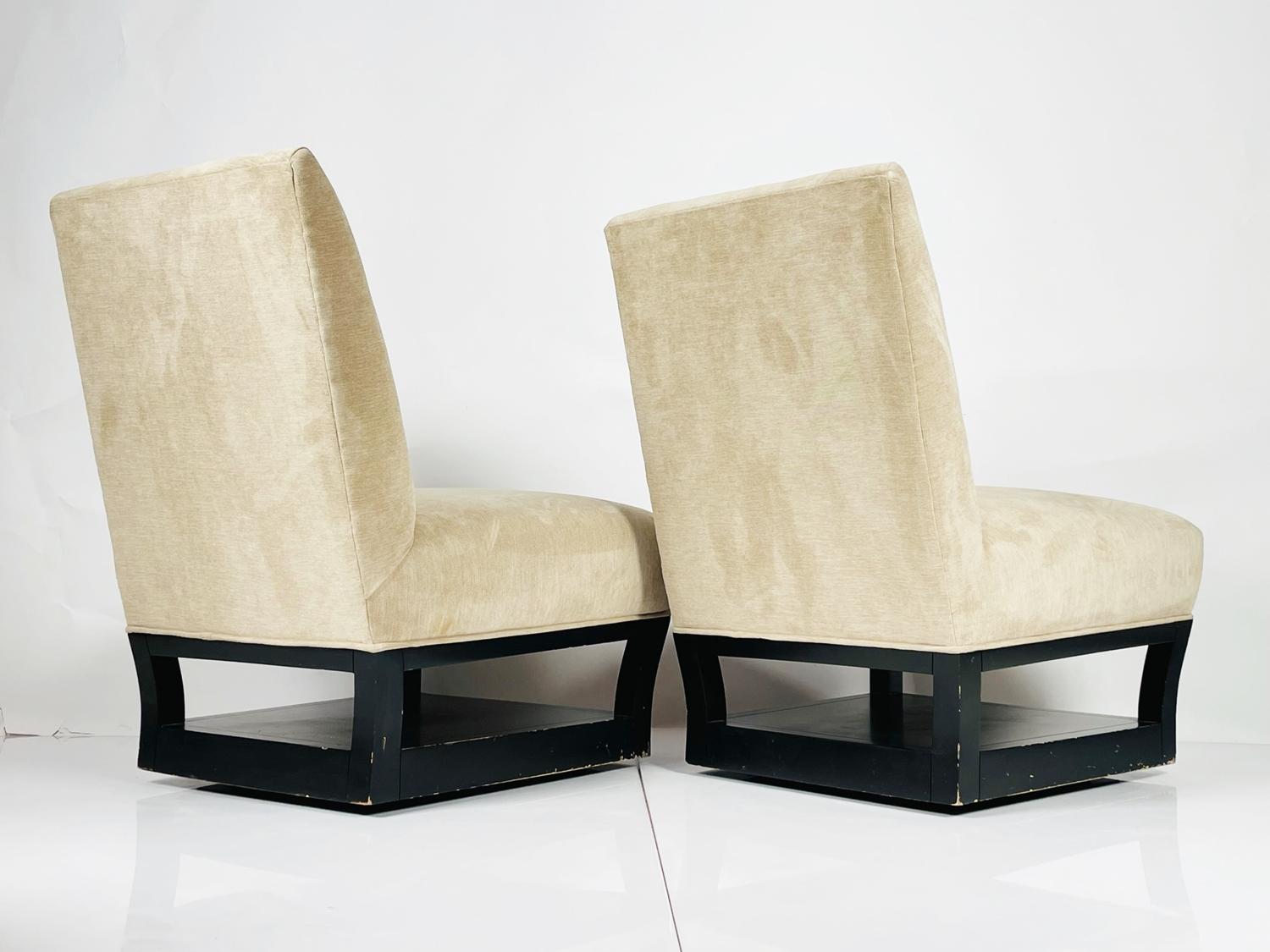 Late 20th Century Pair of Slipper Chairs with Magazine/Shoe Shelf by John Hutton for Donghia