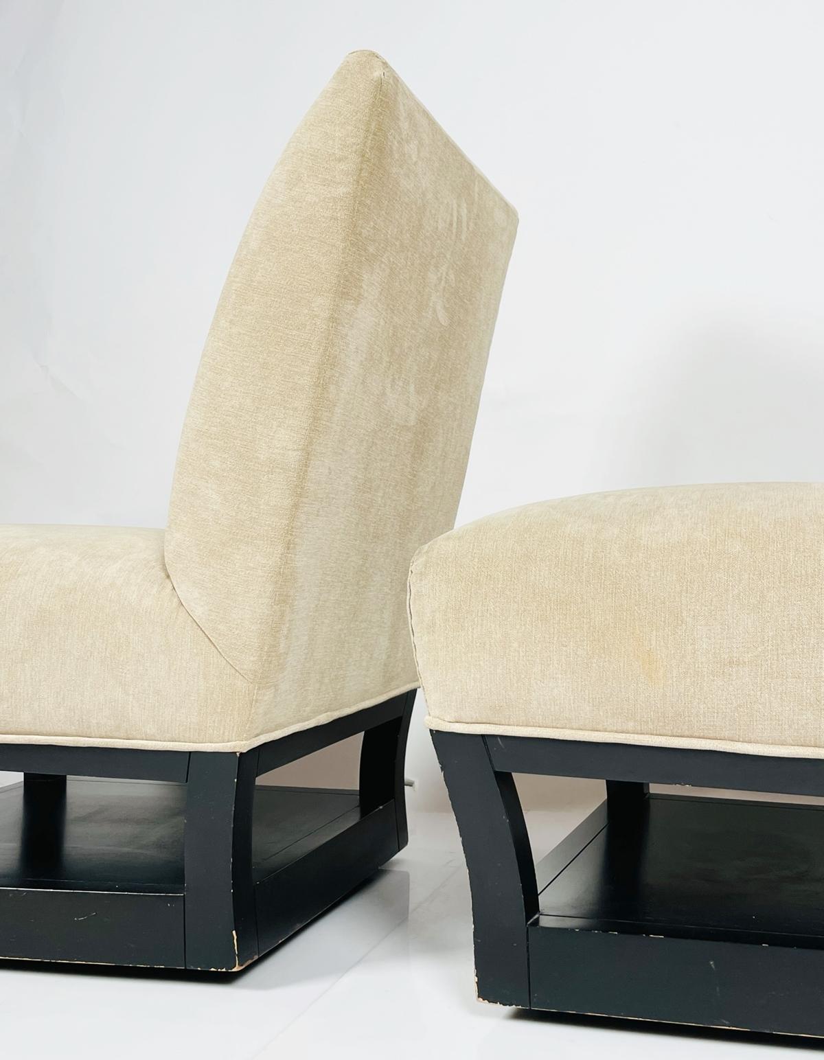 Upholstery Pair of Slipper Chairs with Magazine/Shoe Shelf by John Hutton for Donghia
