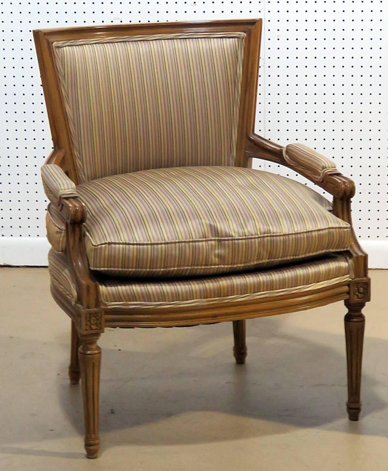 Pair of Sloane Louis XVI style armchairs with down filled cushions. Measures: 20