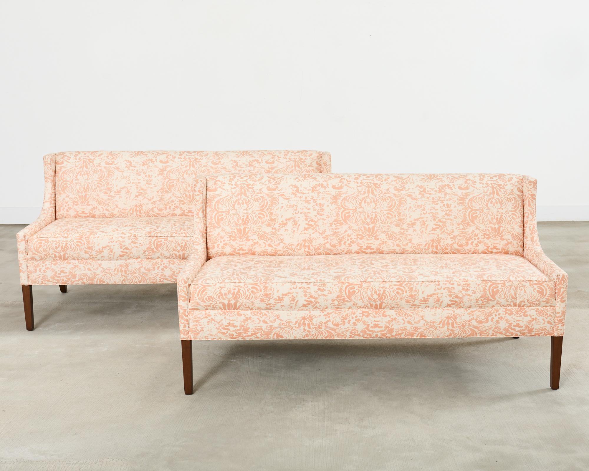 Modern Pair of Slope Arm Sofas Fortuny Style Apricot Fabric For Sale