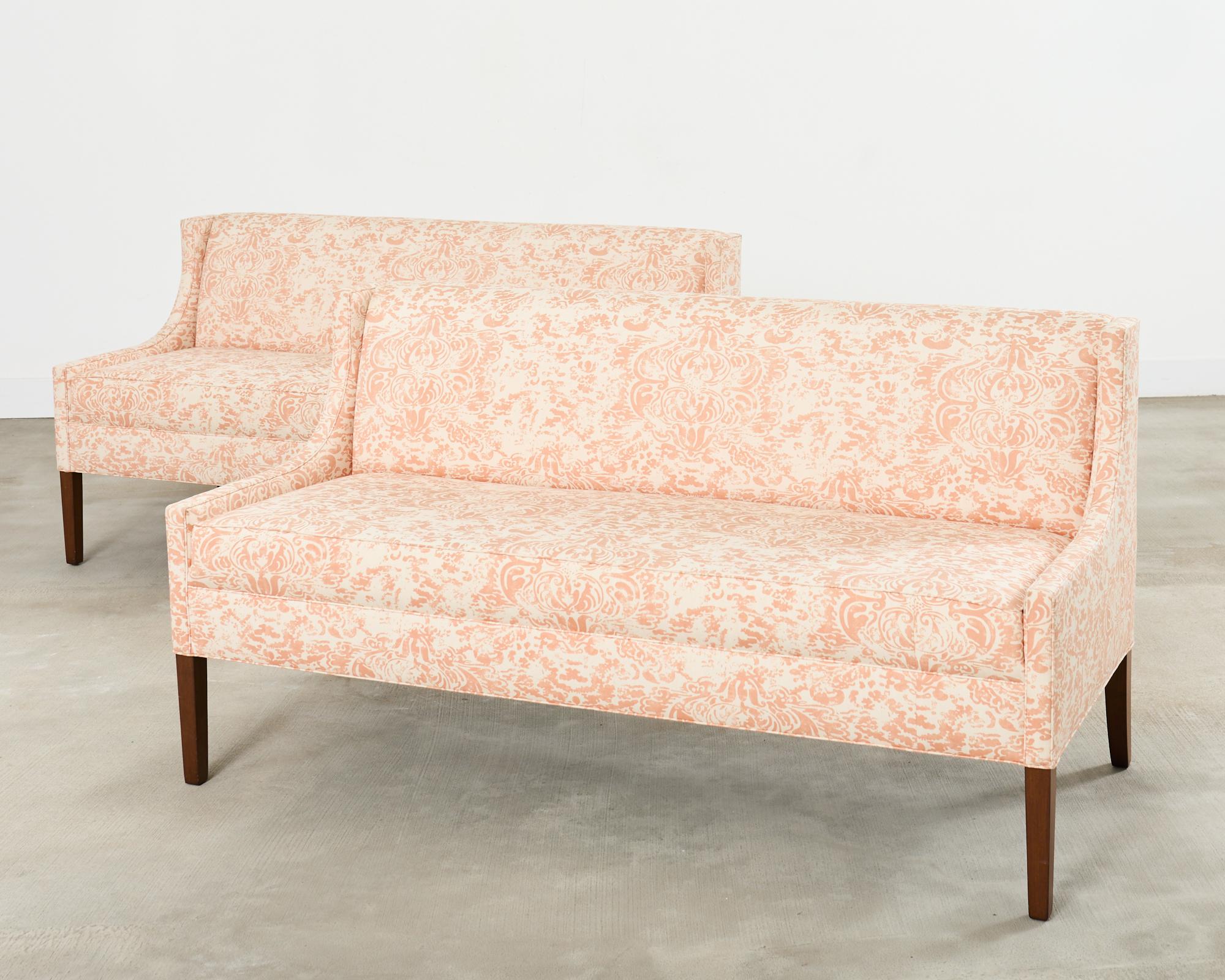 Hand-Crafted Pair of Slope Arm Sofas Fortuny Style Apricot Fabric For Sale