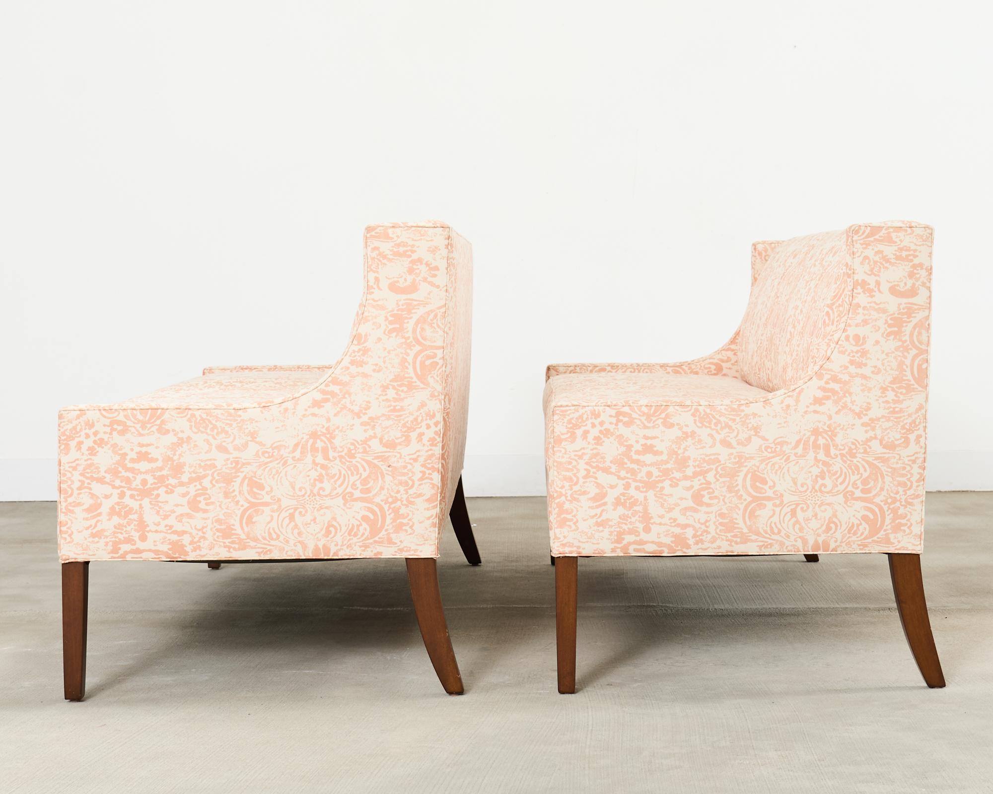 Pair of Slope Arm Sofas Fortuny Style Apricot Fabric In Good Condition For Sale In Rio Vista, CA