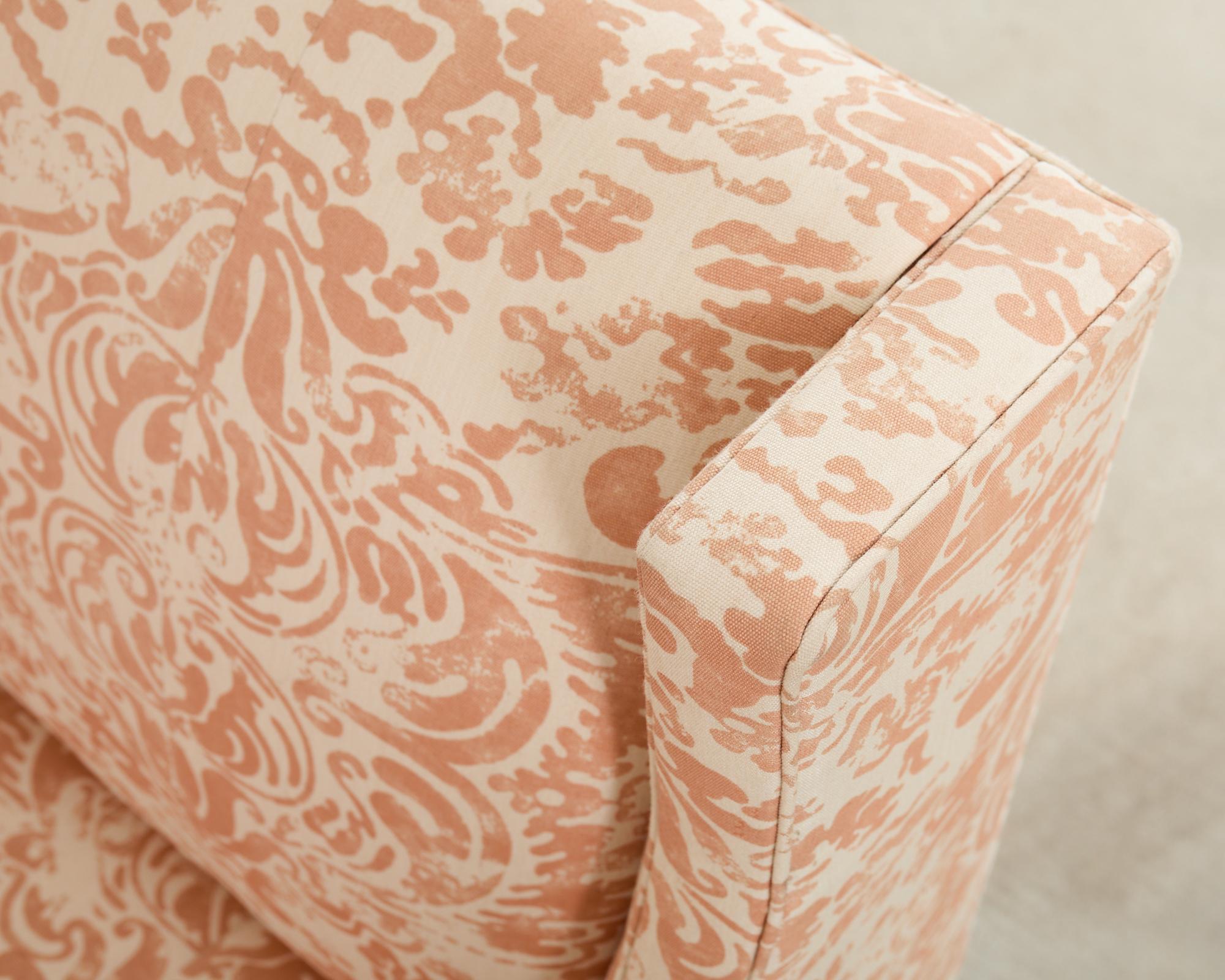 20th Century Pair of Slope Arm Sofas Fortuny Style Apricot Fabric For Sale