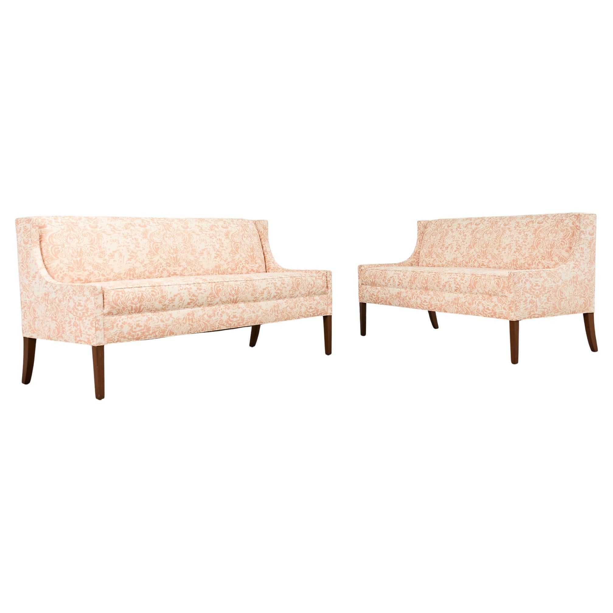 Pair of Slope Arm Sofas Fortuny Style Apricot Fabric For Sale