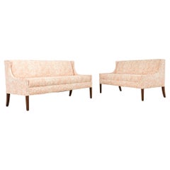 Vintage Pair of Slope Arm Sofas Fortuny Style Apricot Fabric