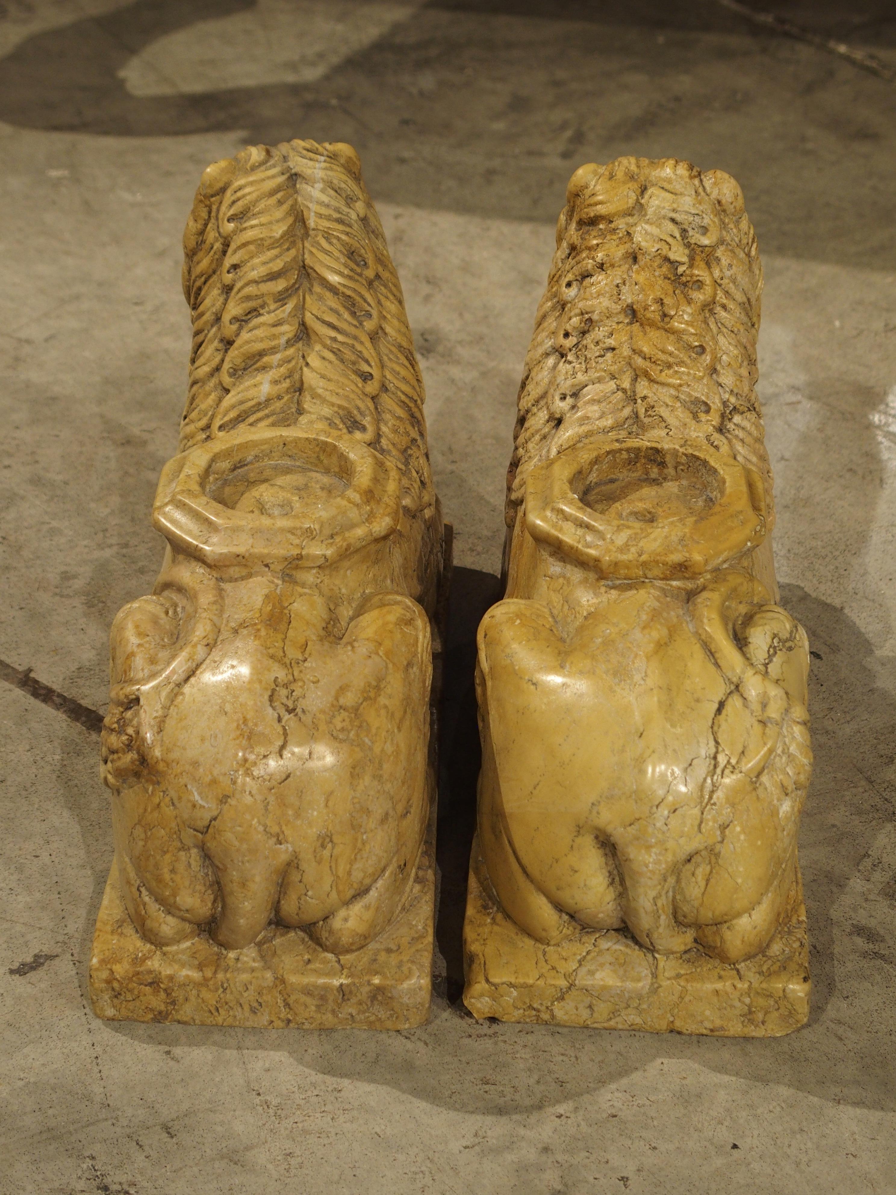 Pair of Small 16th Century Style Italian Giallo Reale Marble Lions 4