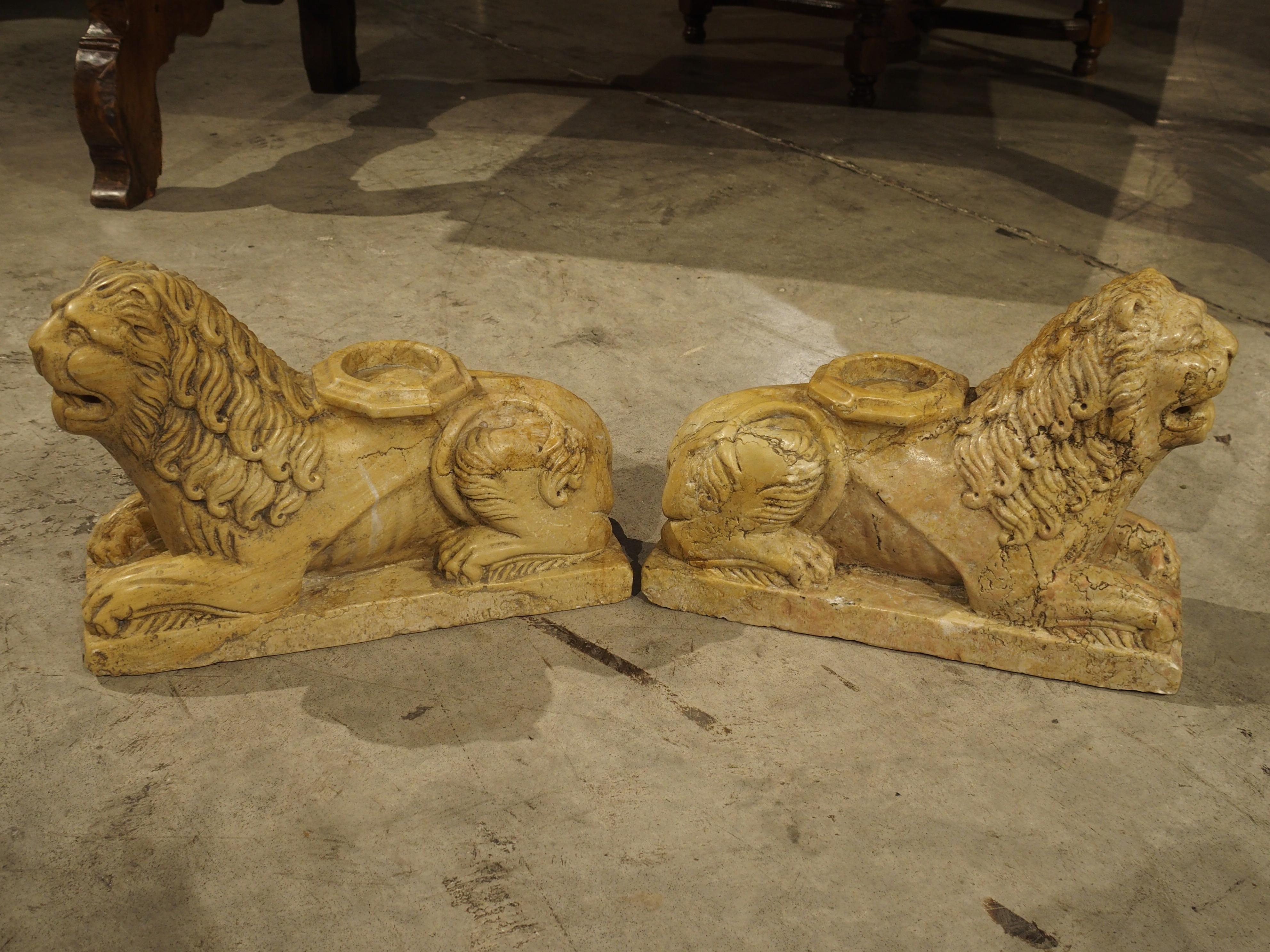 Pair of Small 16th Century Style Italian Giallo Reale Marble Lions 5