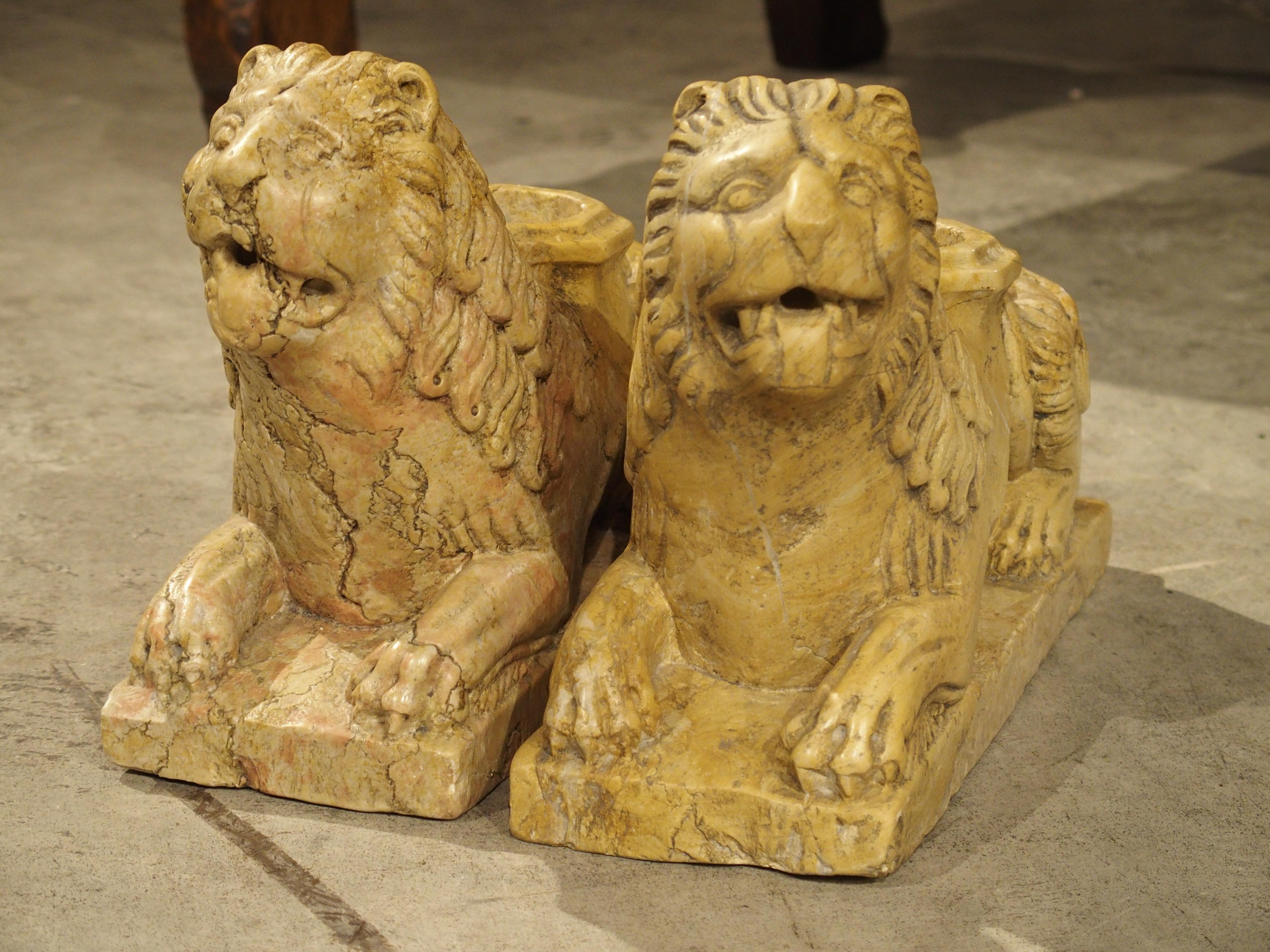 Pair of Small 16th Century Style Italian Giallo Reale Marble Lions 6