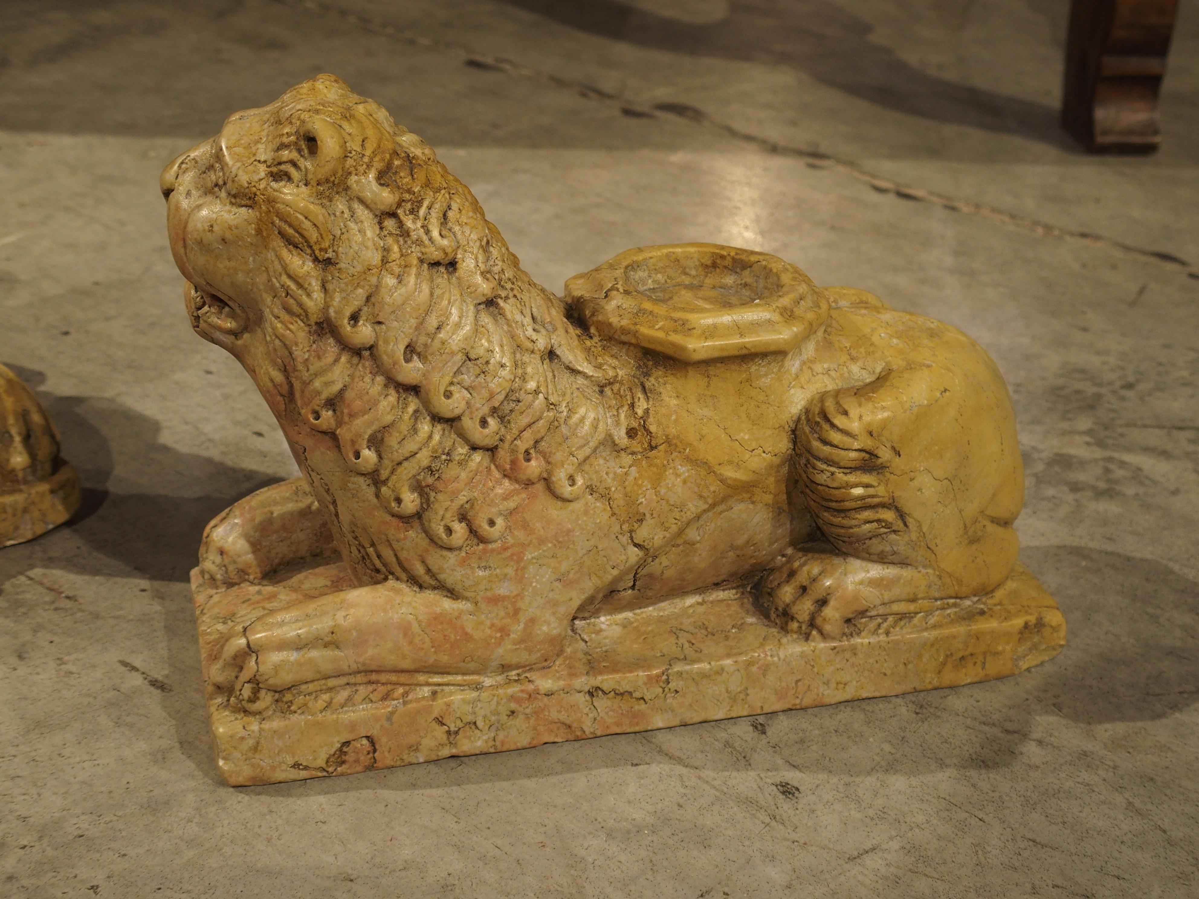 Medieval Pair of Small 16th Century Style Italian Giallo Reale Marble Lions