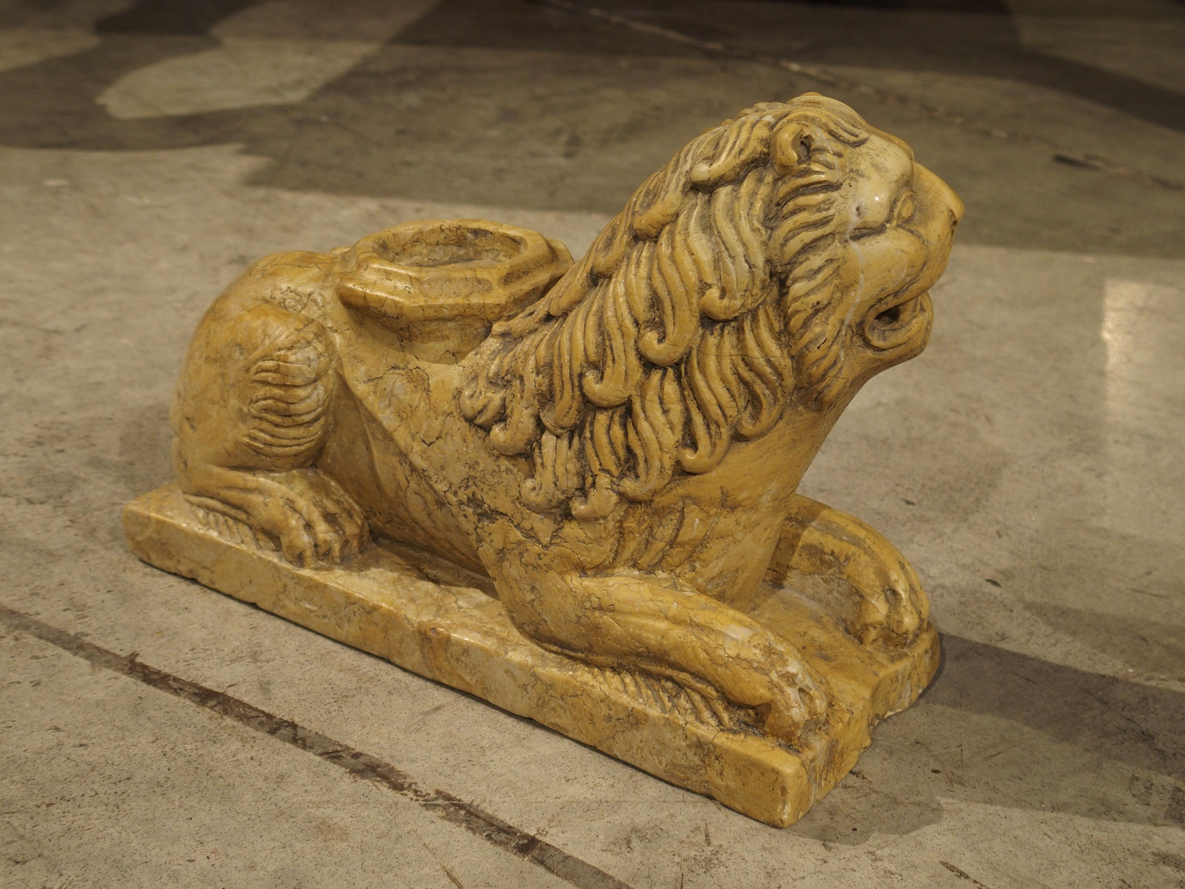 Hand-Carved Pair of Small 16th Century Style Italian Giallo Reale Marble Lions