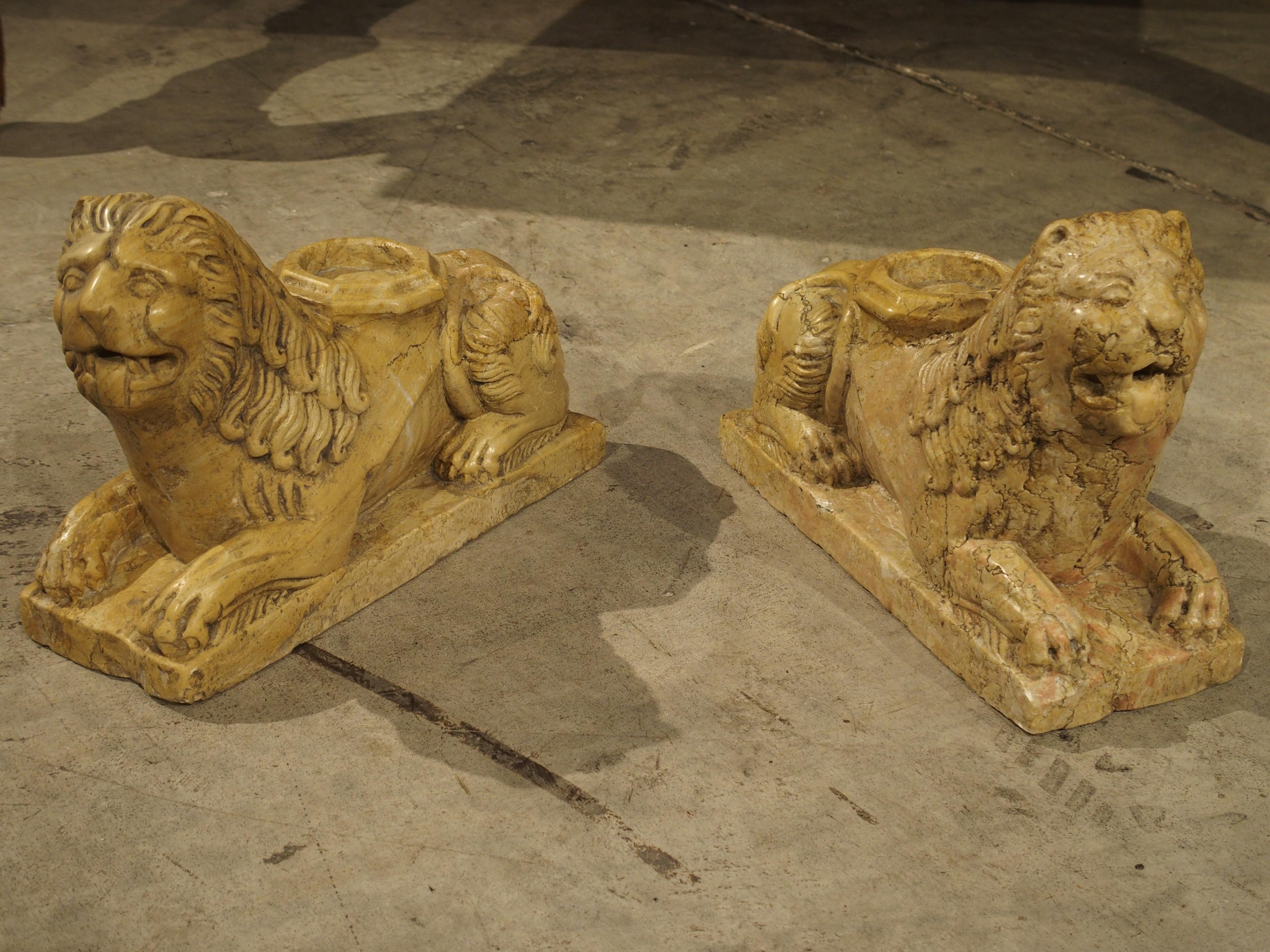20th Century Pair of Small 16th Century Style Italian Giallo Reale Marble Lions