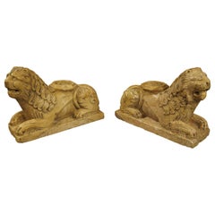 Pair of Small 16th Century Style Italian Giallo Reale Marble Lions