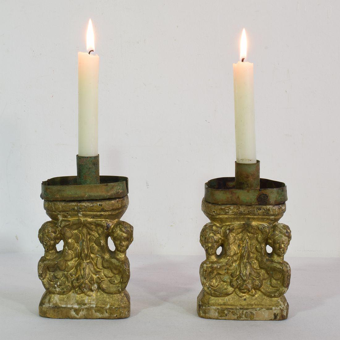 Hand-Carved Pair of Small 17th/18th Century Italian Carved Baroque Candleholders with Angels