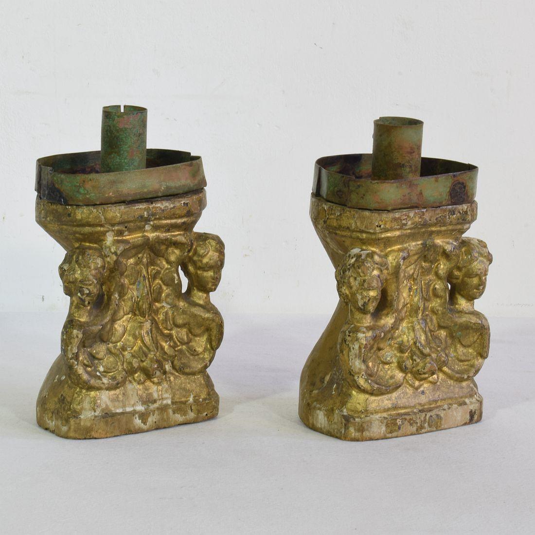 18th Century and Earlier Pair of Small 17th/18th Century Italian Carved Baroque Candleholders with Angels