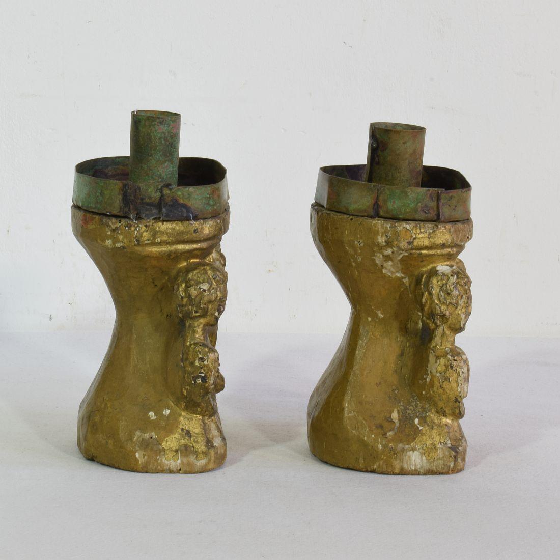Copper Pair of Small 17th/18th Century Italian Carved Baroque Candleholders with Angels