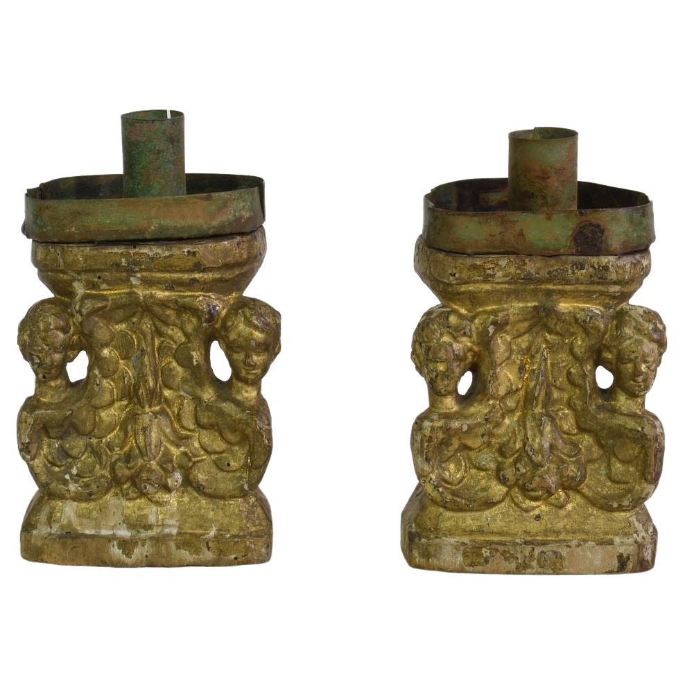 Pair of Small 17th/18th Century Italian Carved Baroque Candleholders with Angels