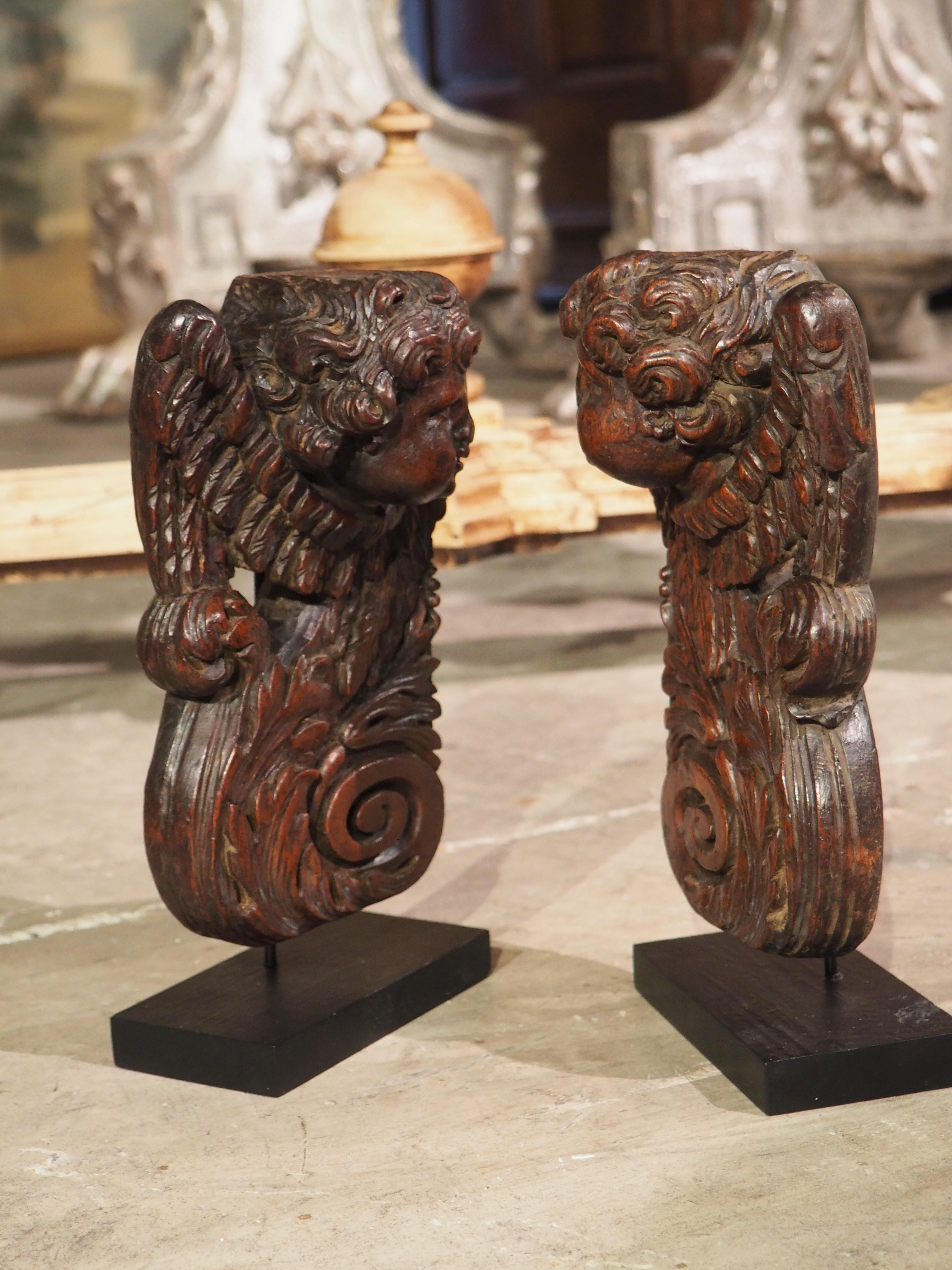 Pair of Small 17th Century Walnut Wood Angel Sculptures from France 1