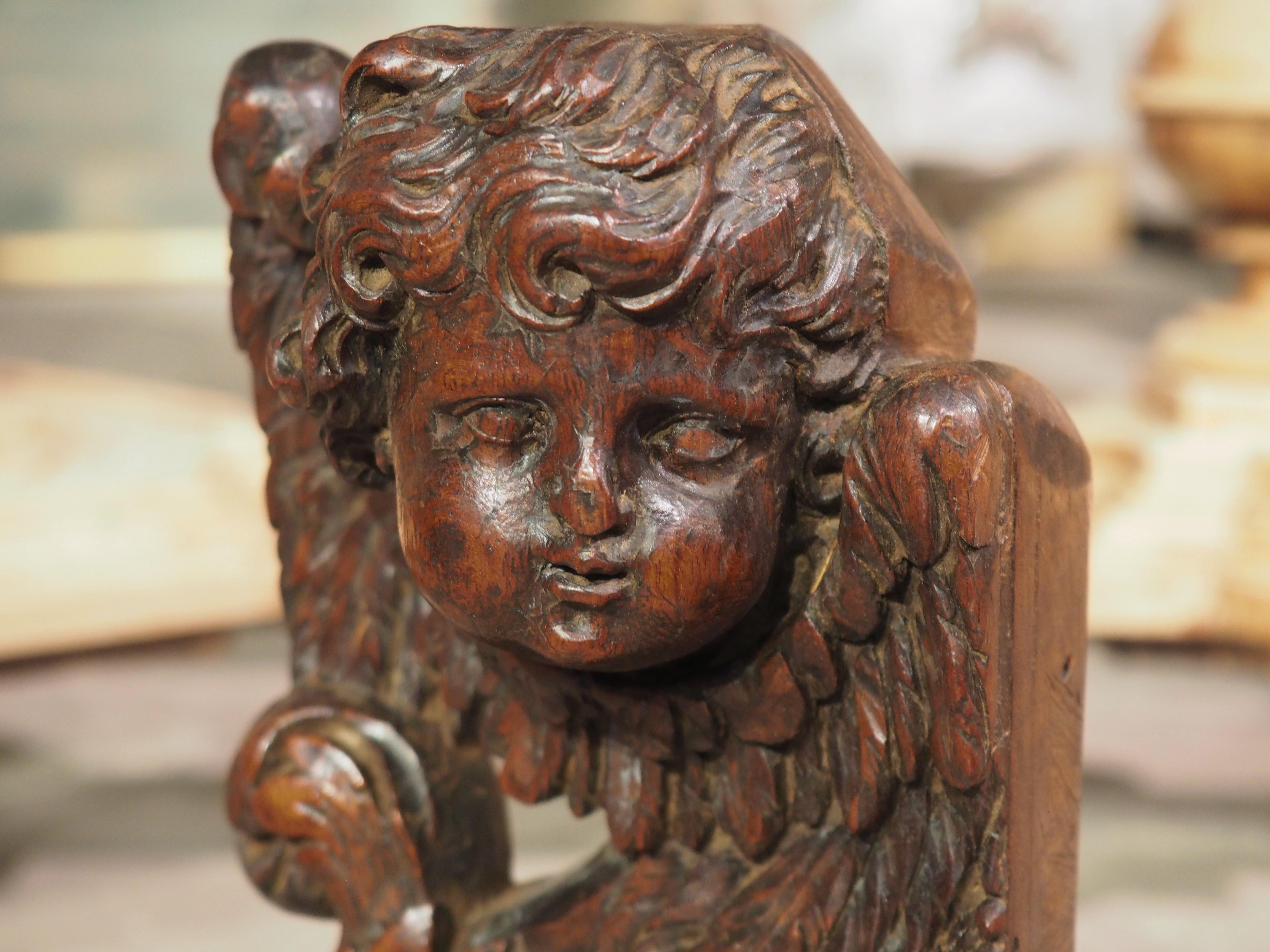 Pair of Small 17th Century Walnut Wood Angel Sculptures from France 4