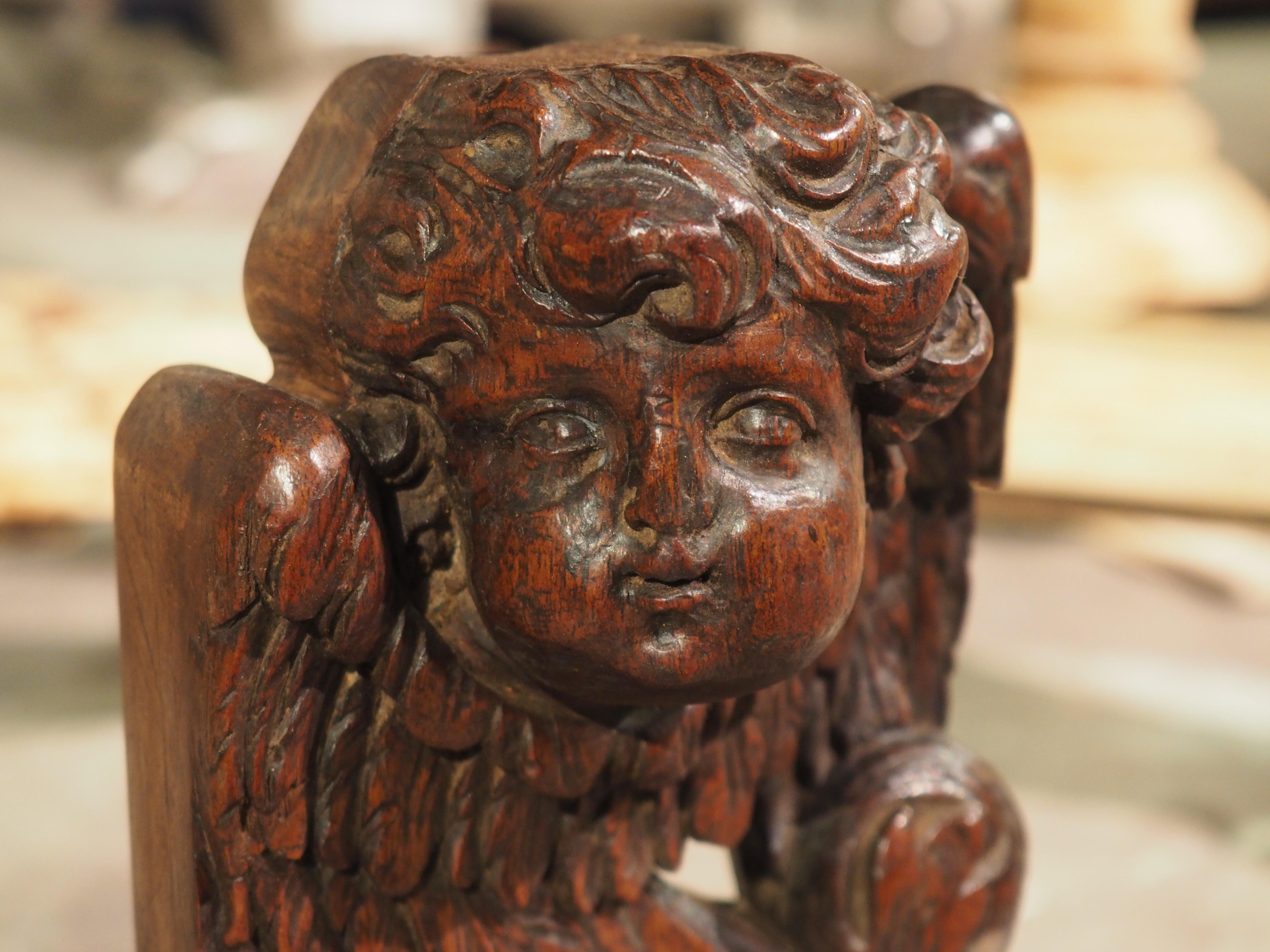 Pair of Small 17th Century Walnut Wood Angel Sculptures from France 5