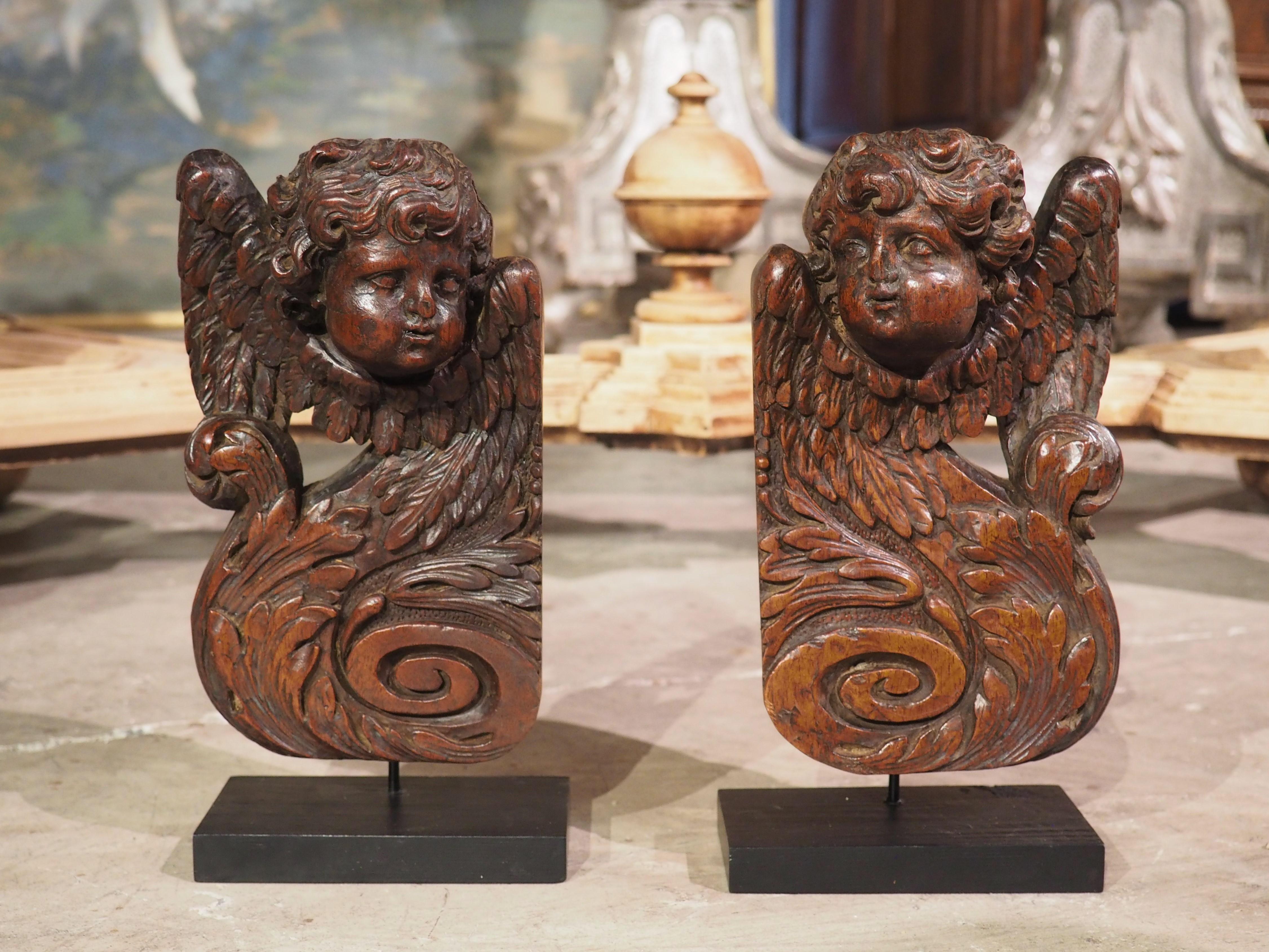 Pair of Small 17th Century Walnut Wood Angel Sculptures from France 6