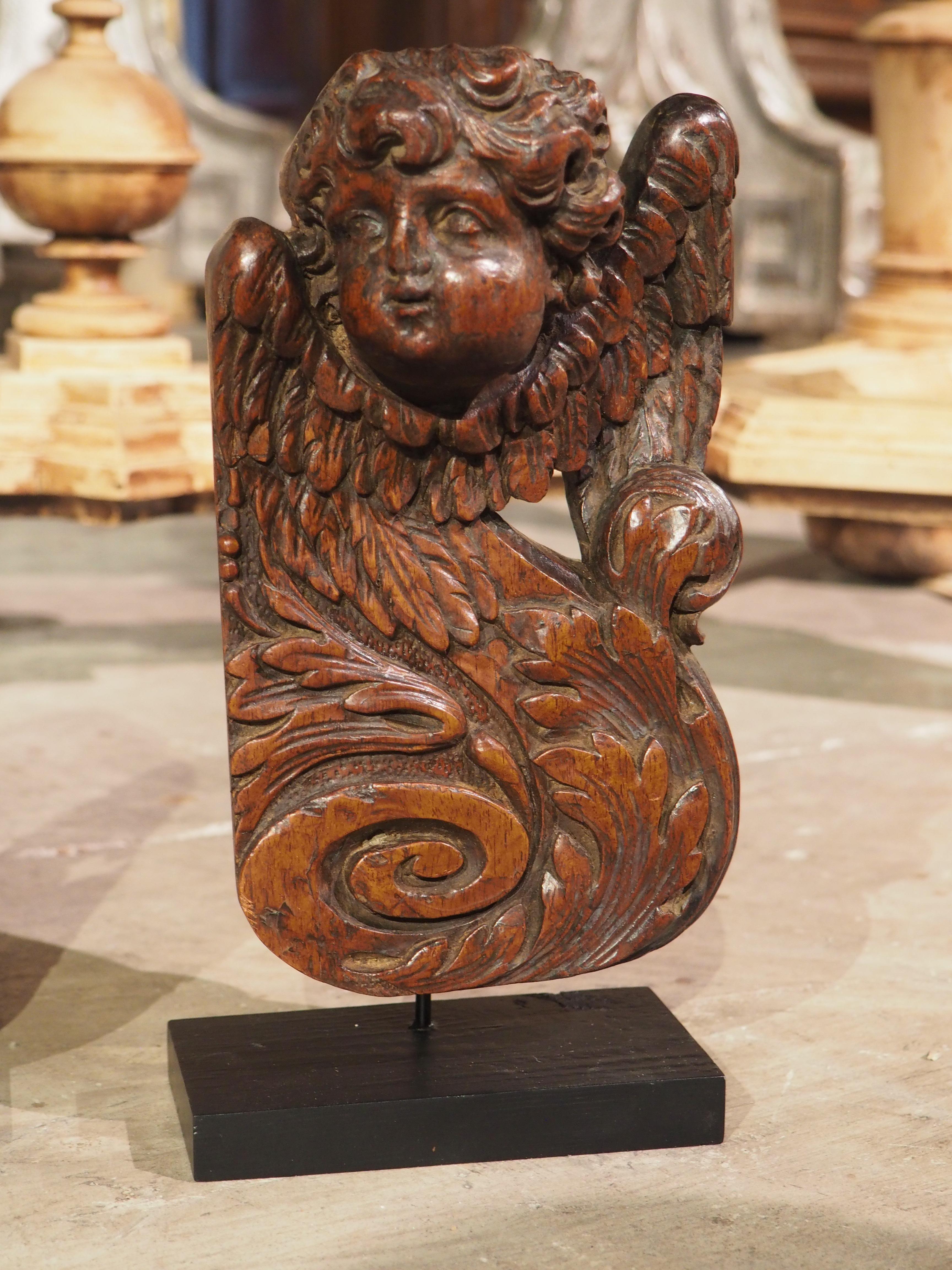 French Pair of Small 17th Century Walnut Wood Angel Sculptures from France