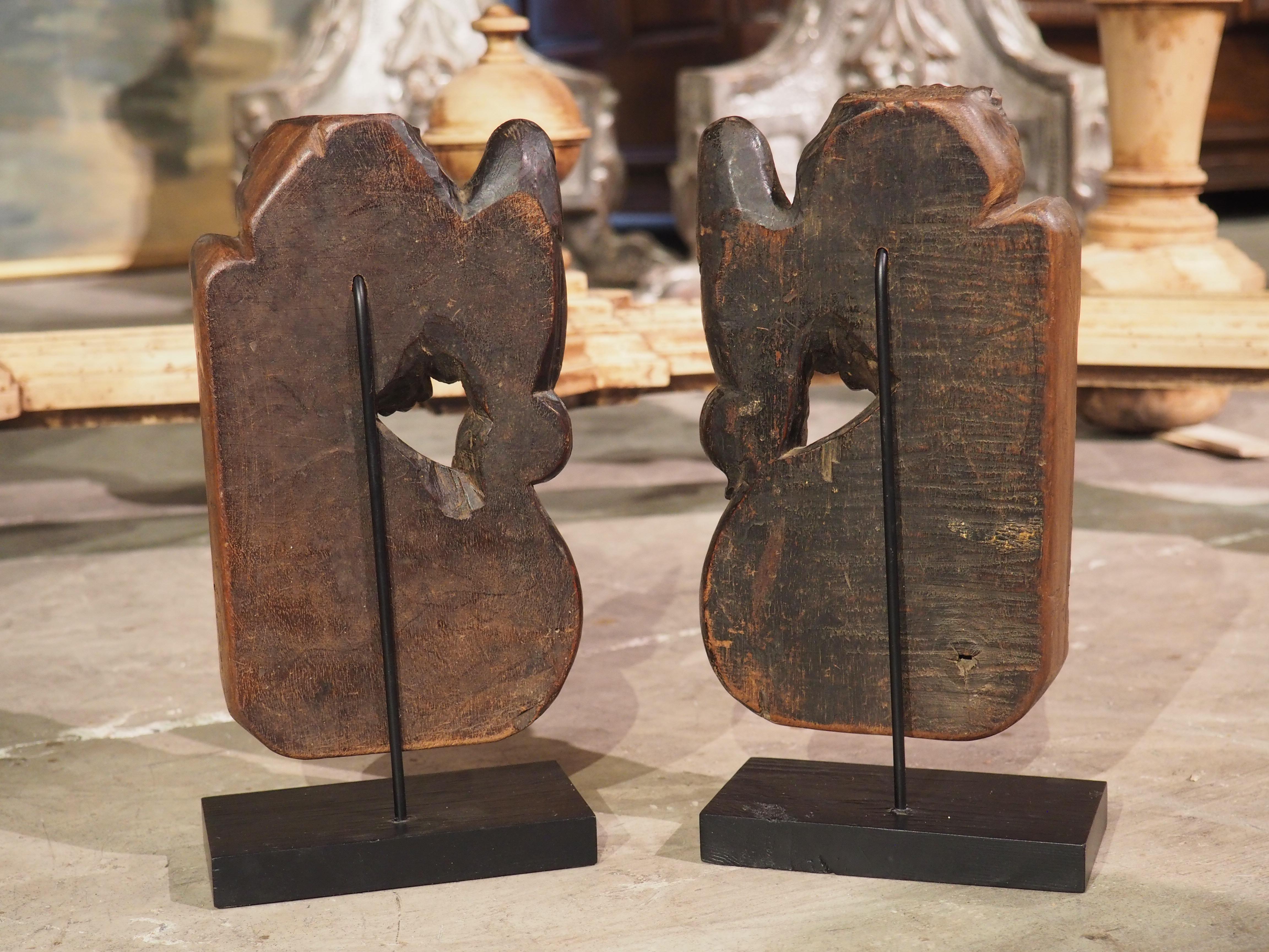 Metal Pair of Small 17th Century Walnut Wood Angel Sculptures from France