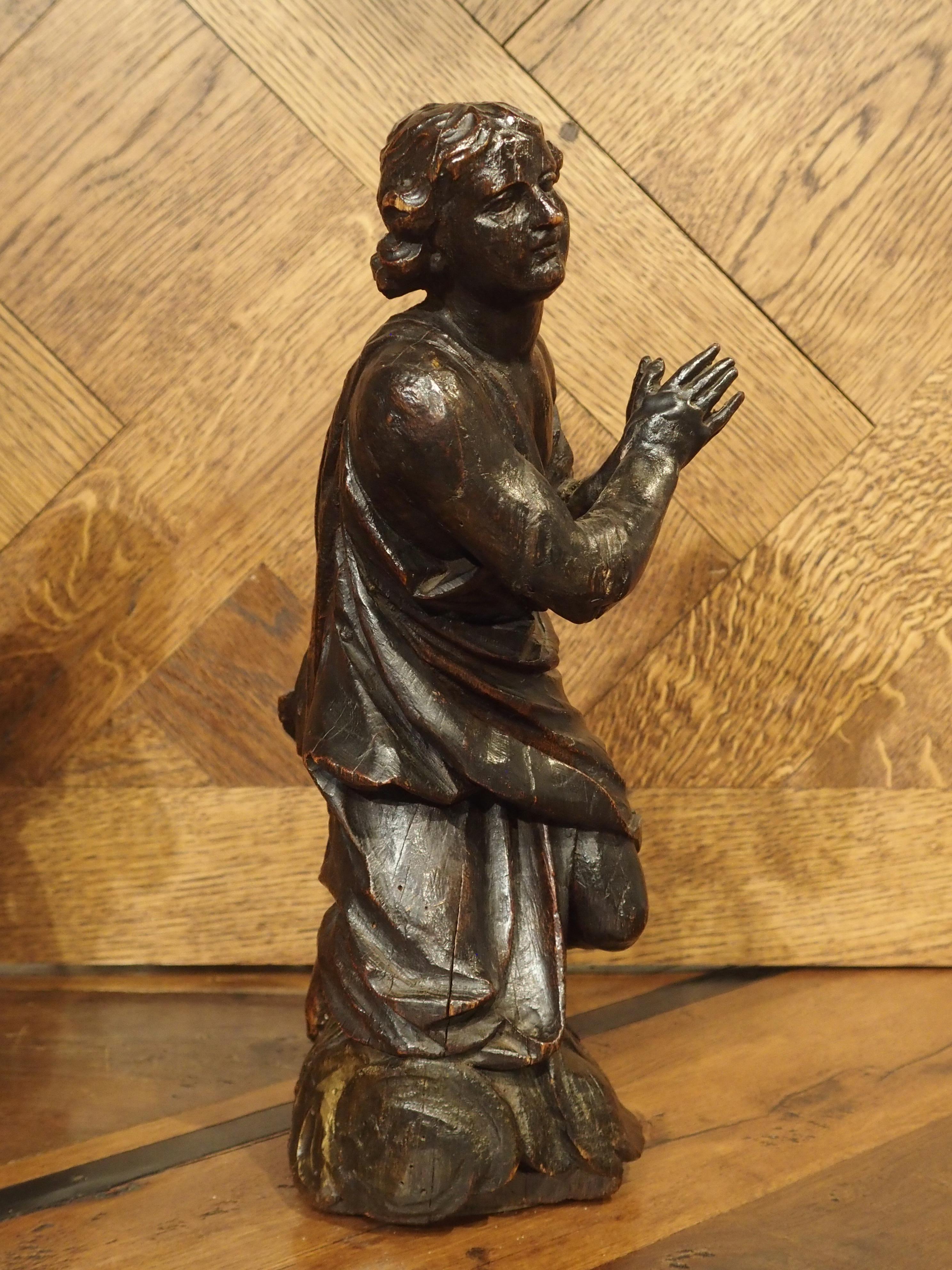 French Pair of Small 18th Century Carved Oak Statues from France For Sale