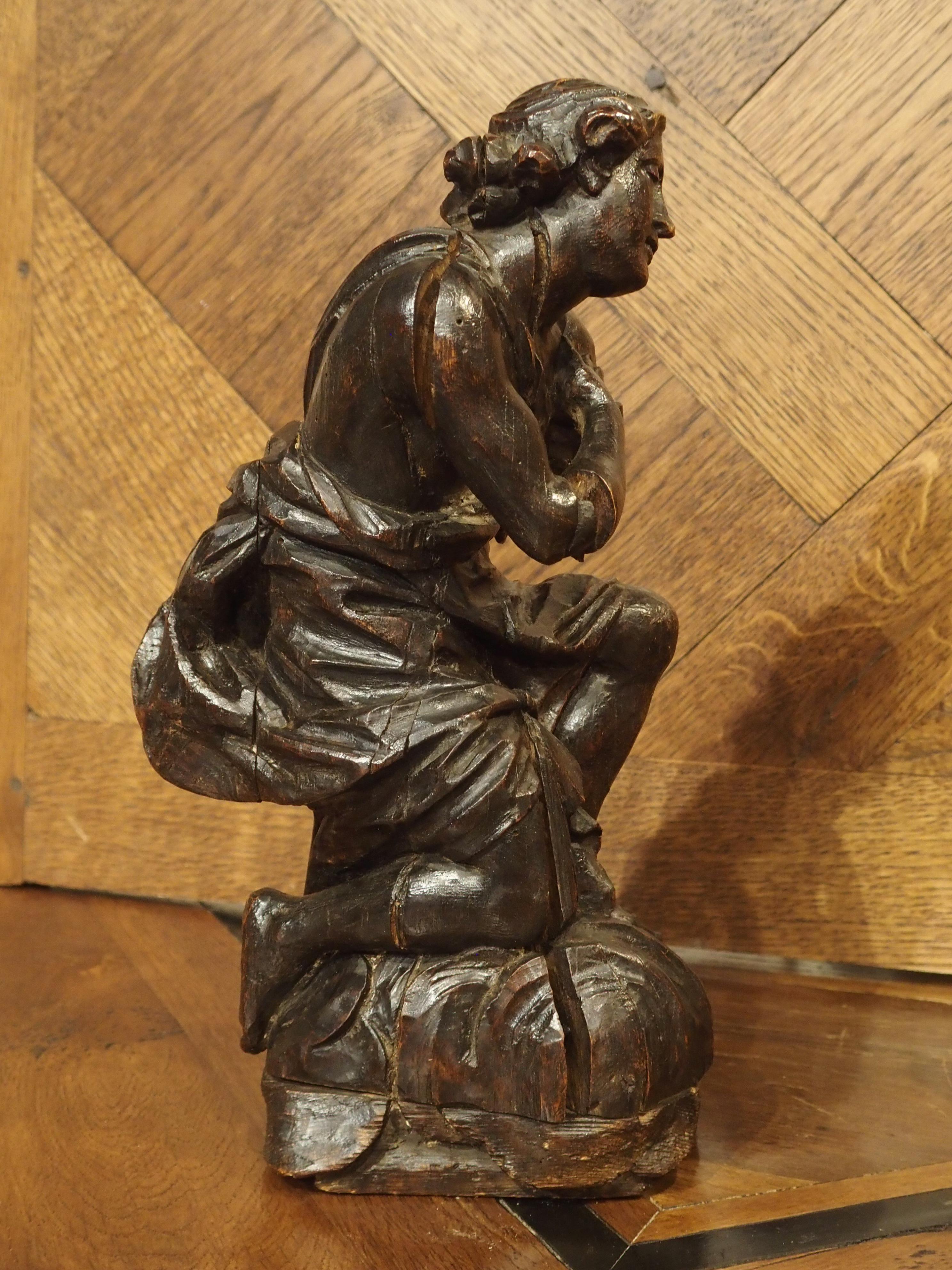Pair of Small 18th Century Carved Oak Statues from France In Fair Condition For Sale In Dallas, TX