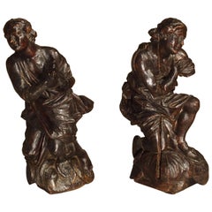 Antique Pair of Small 18th Century Carved Oak Statues from France