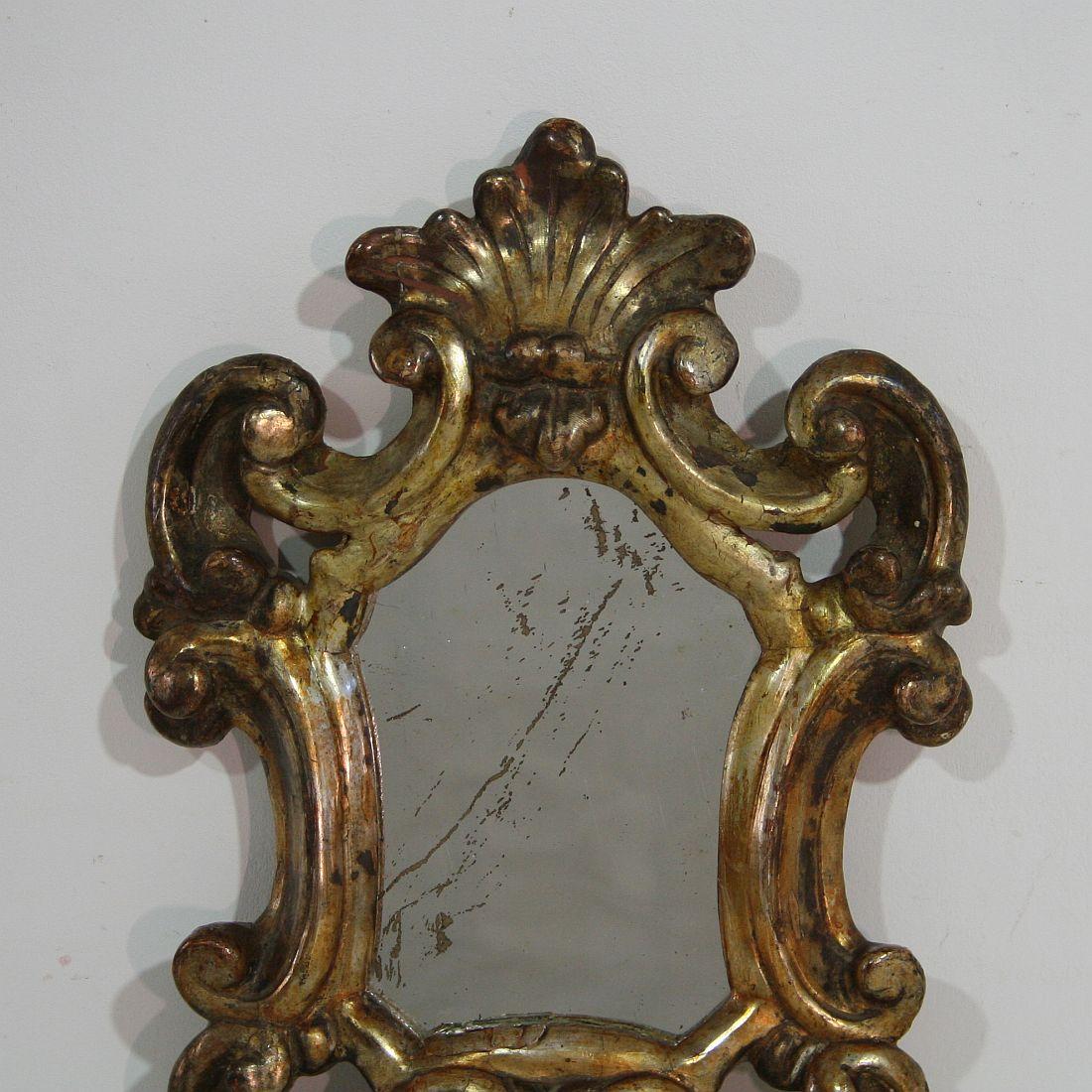 18th Century and Earlier Pair of Small 18th Century, Italian Baroque Giltwood Mirrors